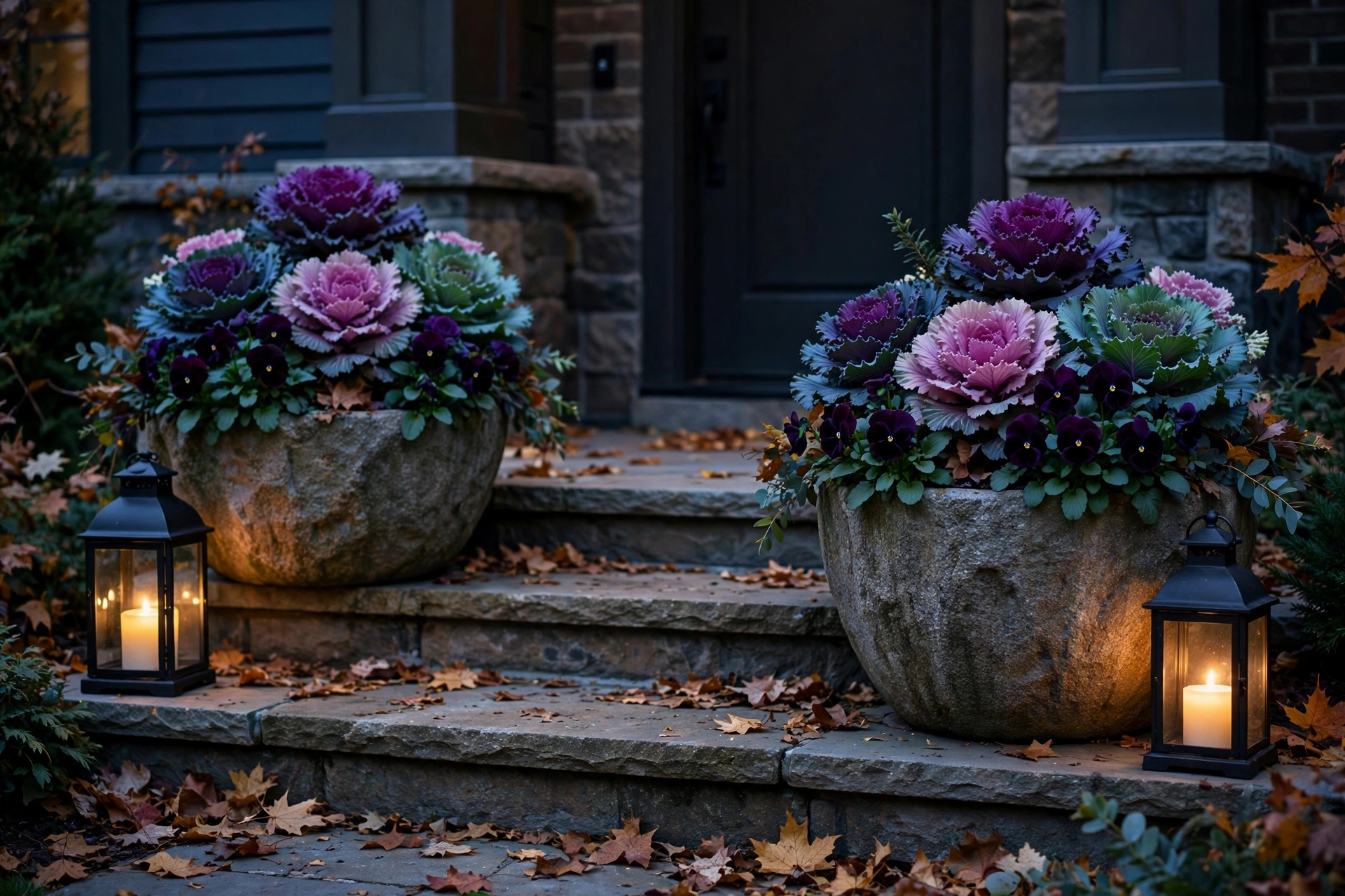 Oversized planters filled with ornamental kale in deep purple and green beside a front entry with black lanterns — halloween decor ideas 2026