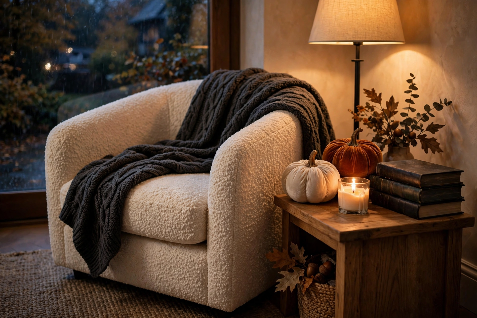 Cozy reading nook with a knit throw, velvet pumpkins, a lit candle, and a stack of gothic novels on the side table — halloween decor ideas 2026