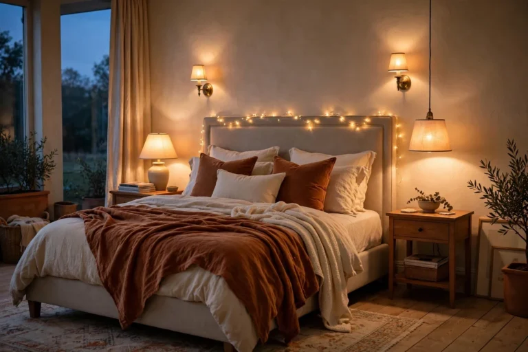 Warm cozy bedroom at dusk with layered bedroom lighting ideas