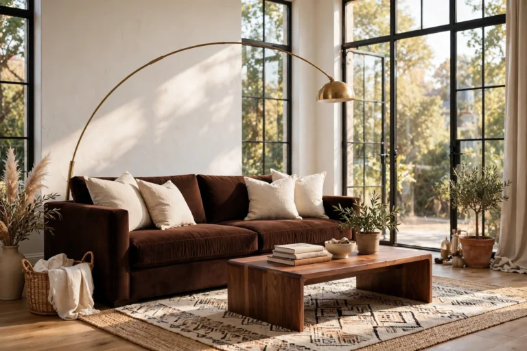 Chocolate brown living room ideas: wide view of a warm living room with a chocolate velvet sofa, brass arc floor lamp, and cream pillows