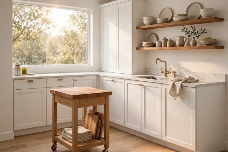 Hero: a beautiful small kitchen with open shelving and a rolling island — one of our favorite small kitchen ideas