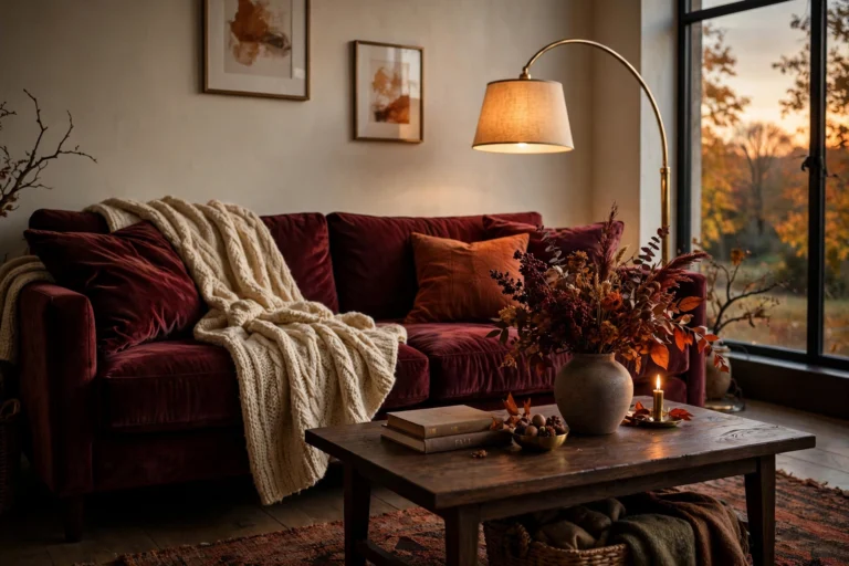 Burgundy decor ideas: moody fall living room with a burgundy velvet sofa, warm lamplight, and autumn styling
