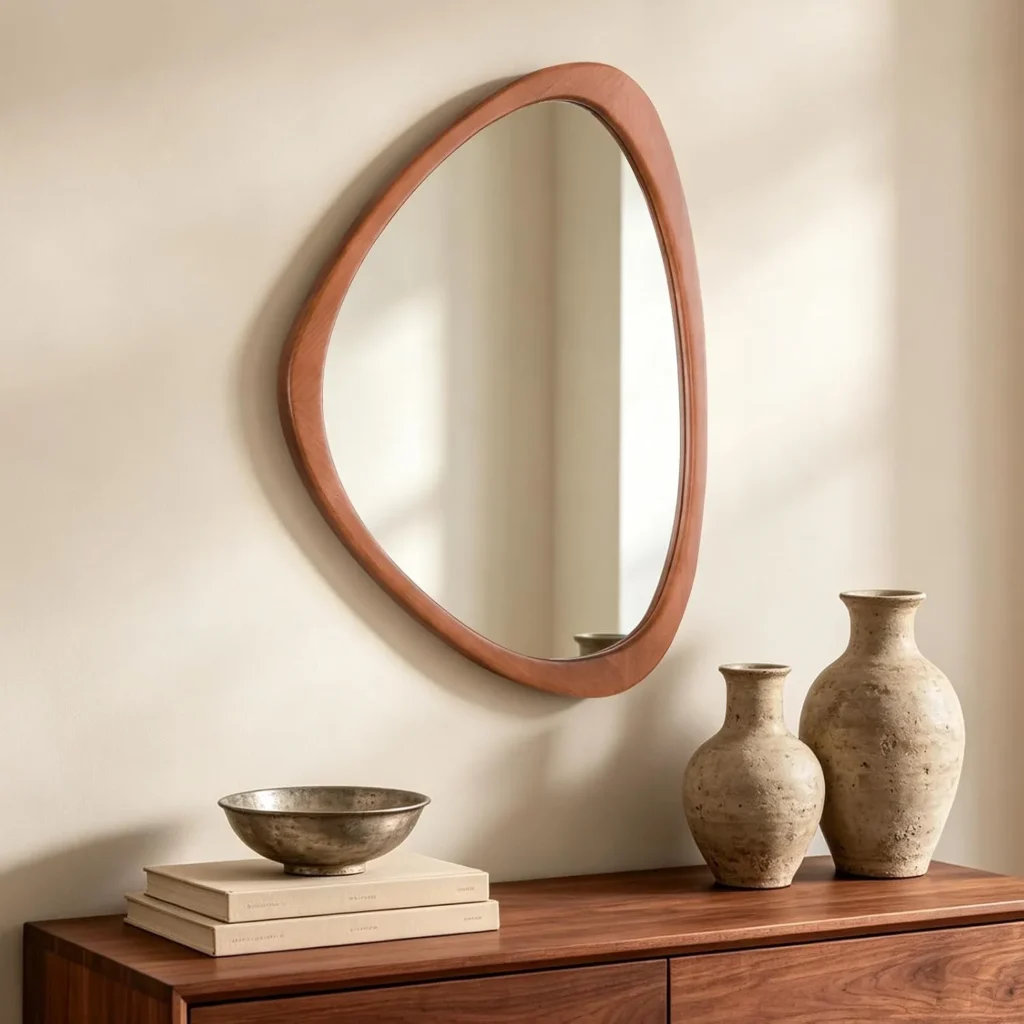 homecookin_1_asymmetrical_mirror HOMECOOKIN asymmetrical wooden wall mirror with pebble shape above a console table
