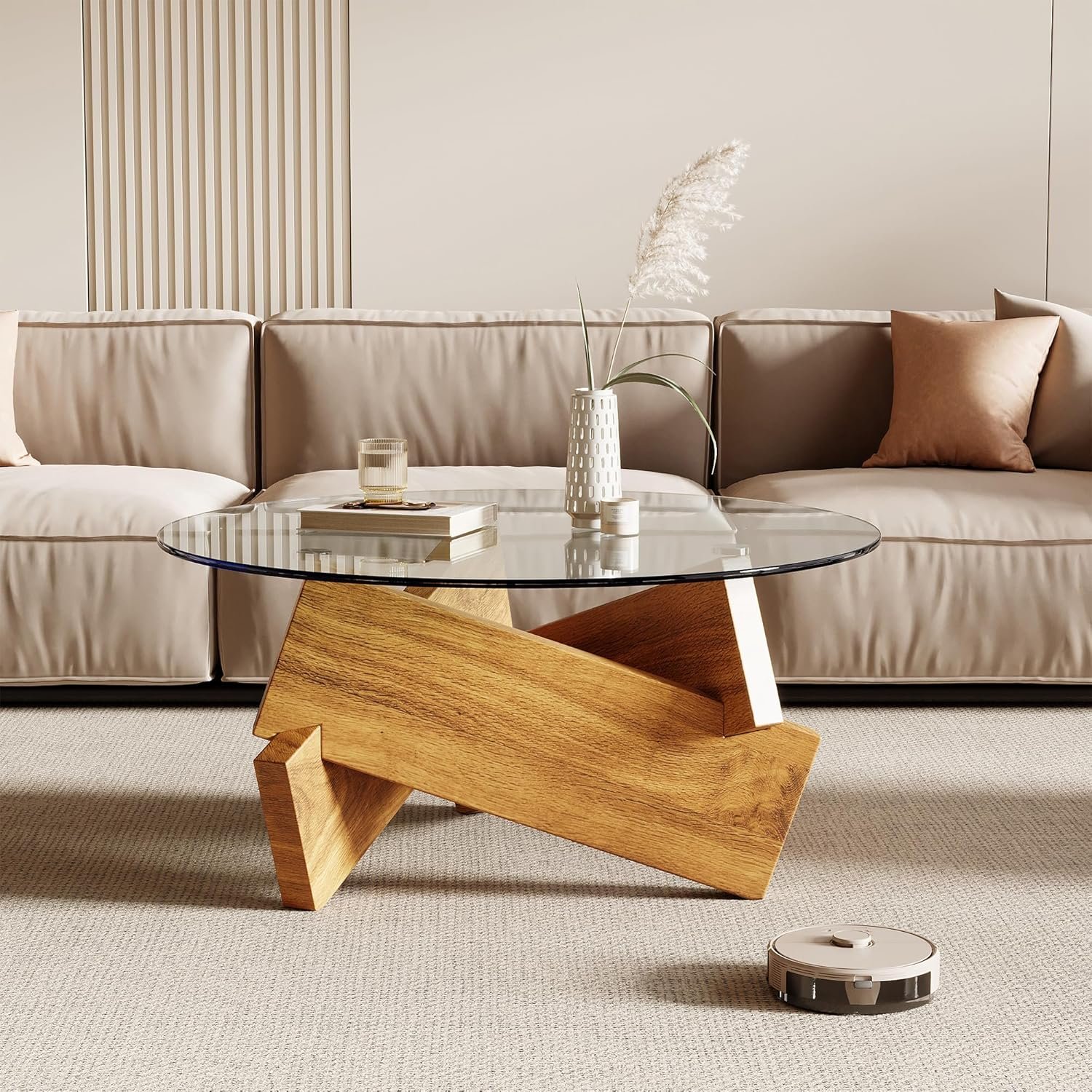 Honyee Triangle Glass Coffee Table with natural wood base in a modern living room