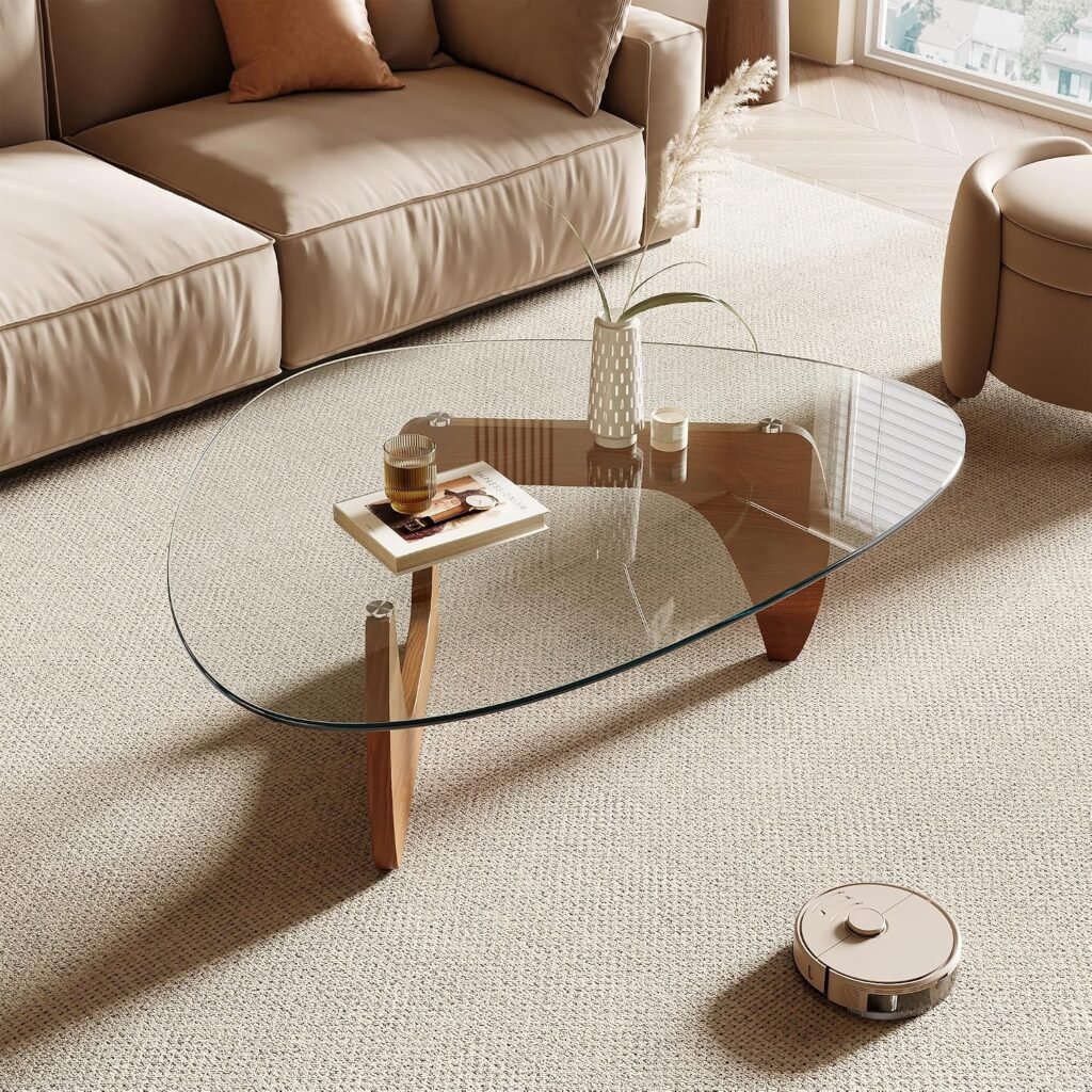 Honyee Triangle Glass Coffee Table with clear glass top, alternate angle view