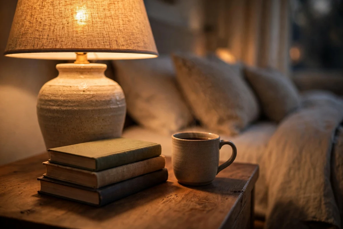 Bedside lamp with warm glow, simple bedroom lighting ideas