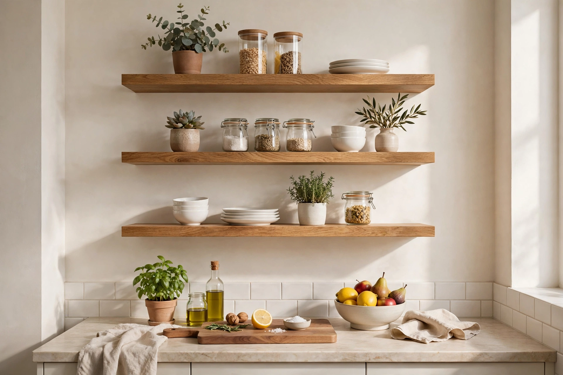 Small kitchen ideas — floating oak shelves styled with white dishes and glass jars