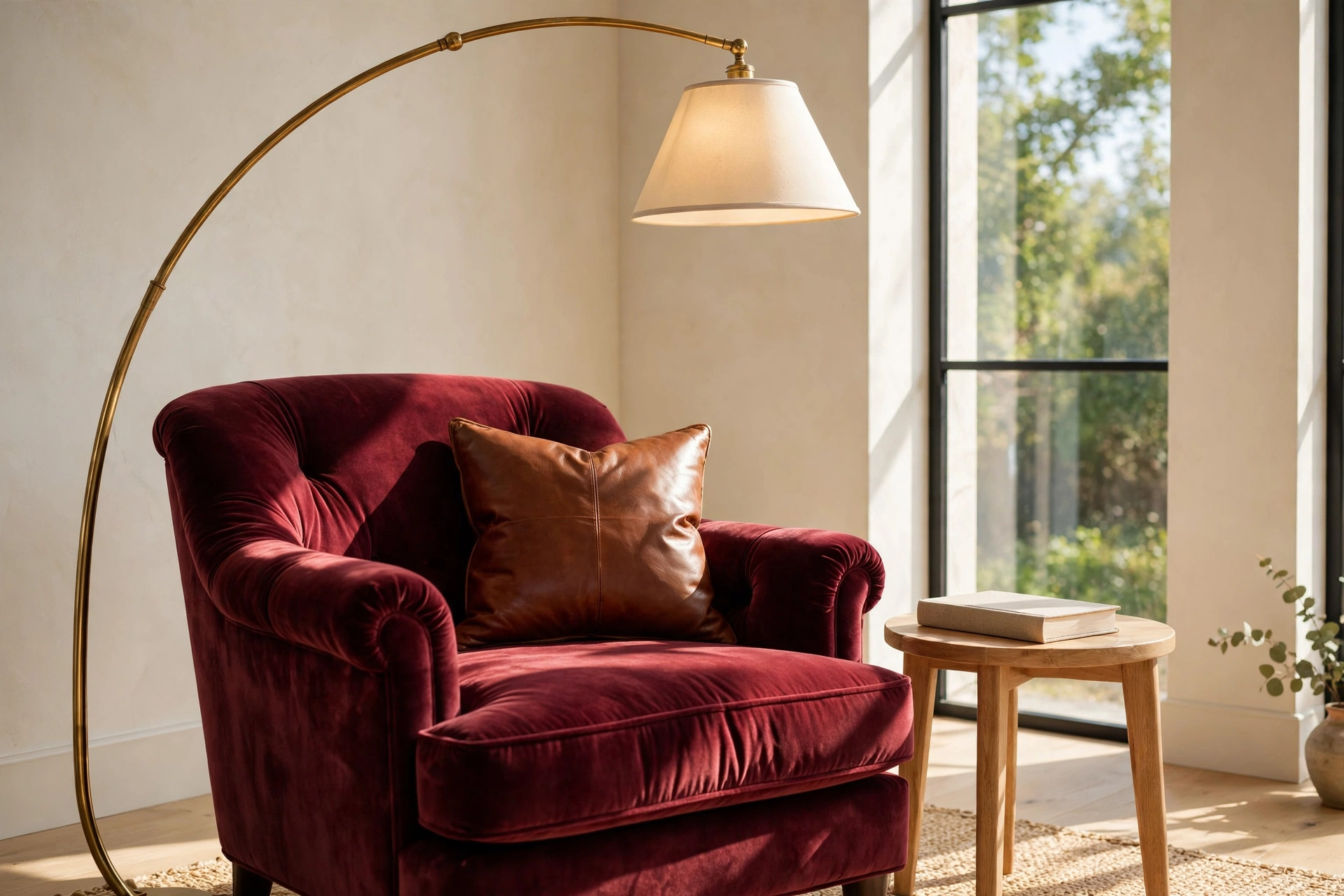 Burgundy decor ideas: burgundy velvet accent chair angled by a tall window with a brass floor lamp