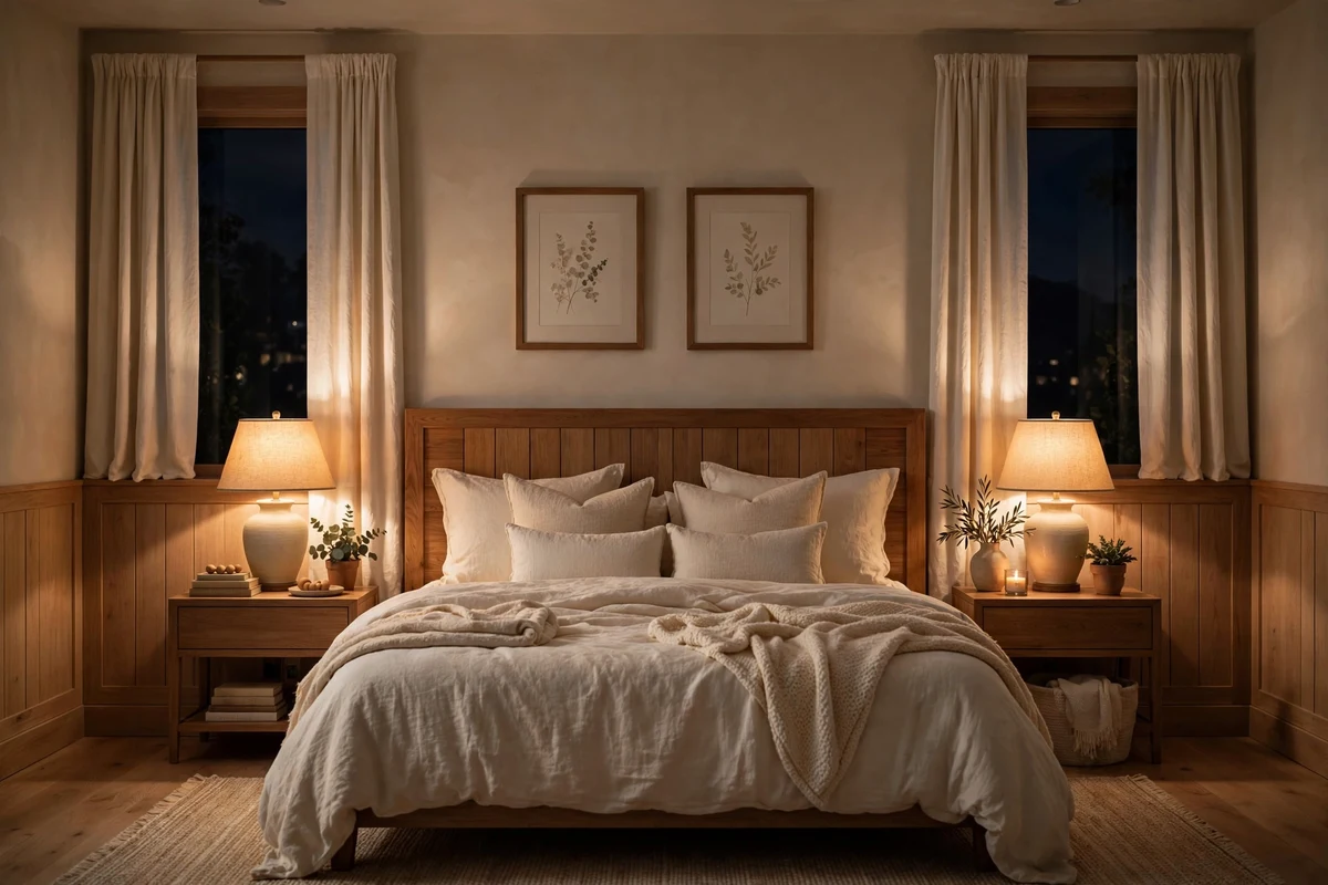 Matching warm table lamps on nightstands, balanced bedroom lighting ideas