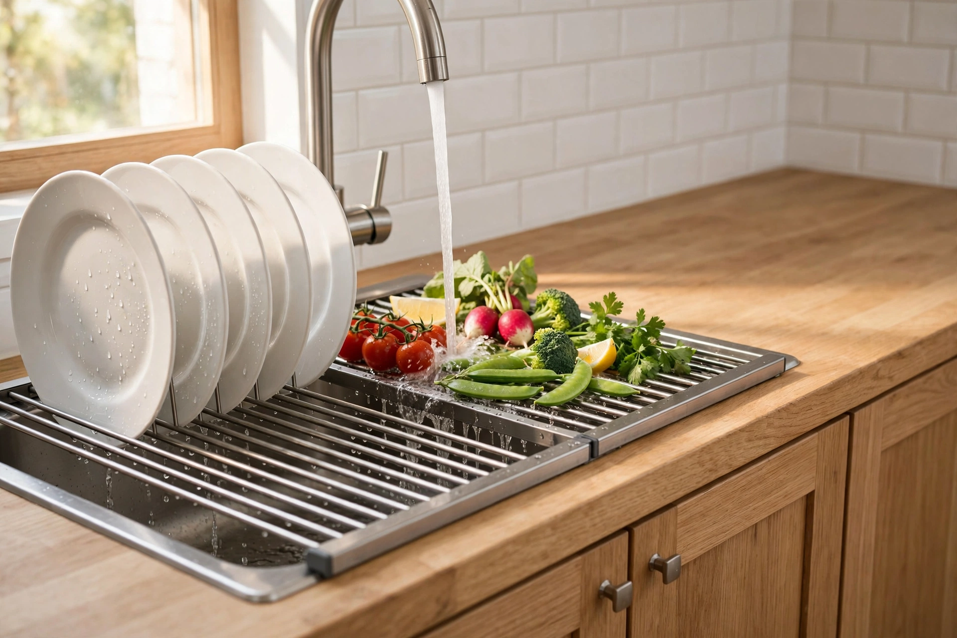 Small kitchen ideas — roll-up over-the-sink drying rack freeing the counter