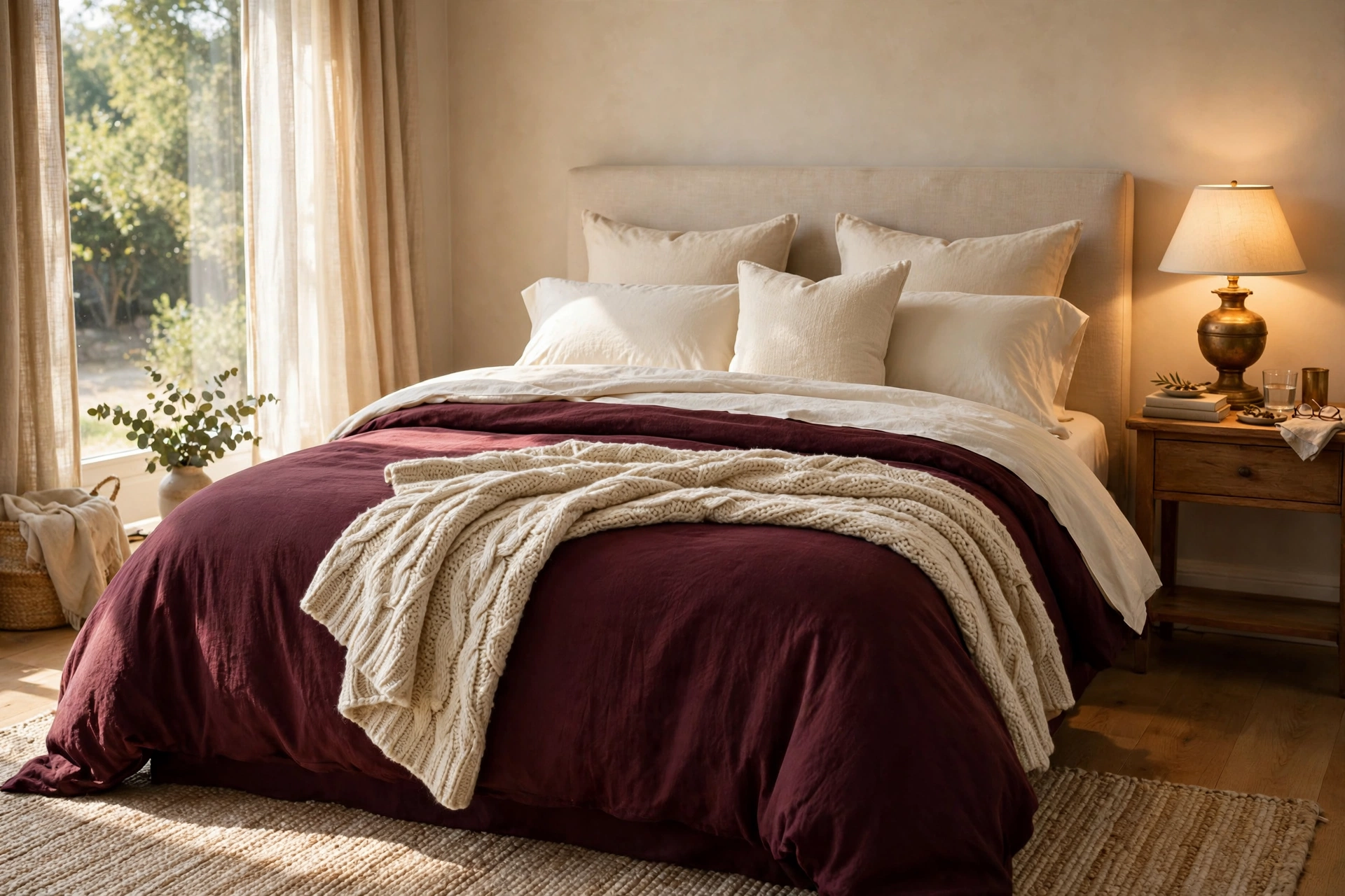 Burgundy decor ideas: bedroom with deep wine duvet, ivory folded sheets, and a knit throw