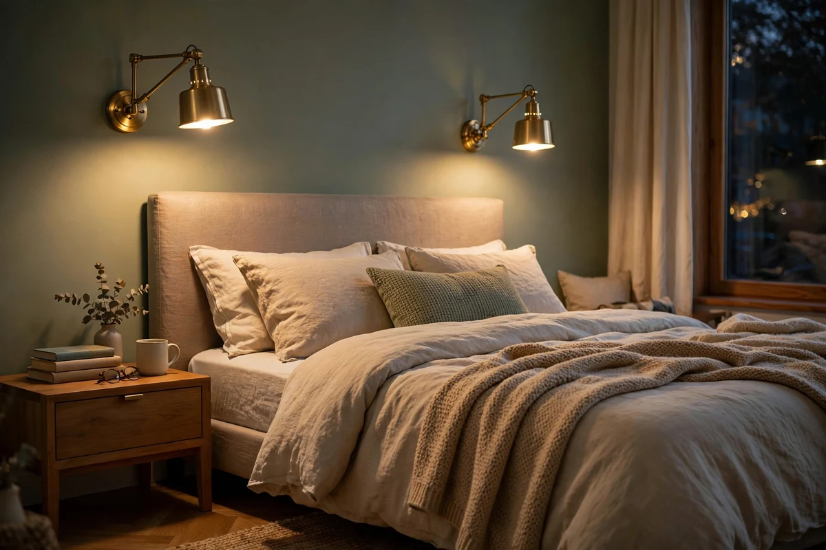 Brass swing-arm sconces above headboard, bedroom lighting ideas for reading