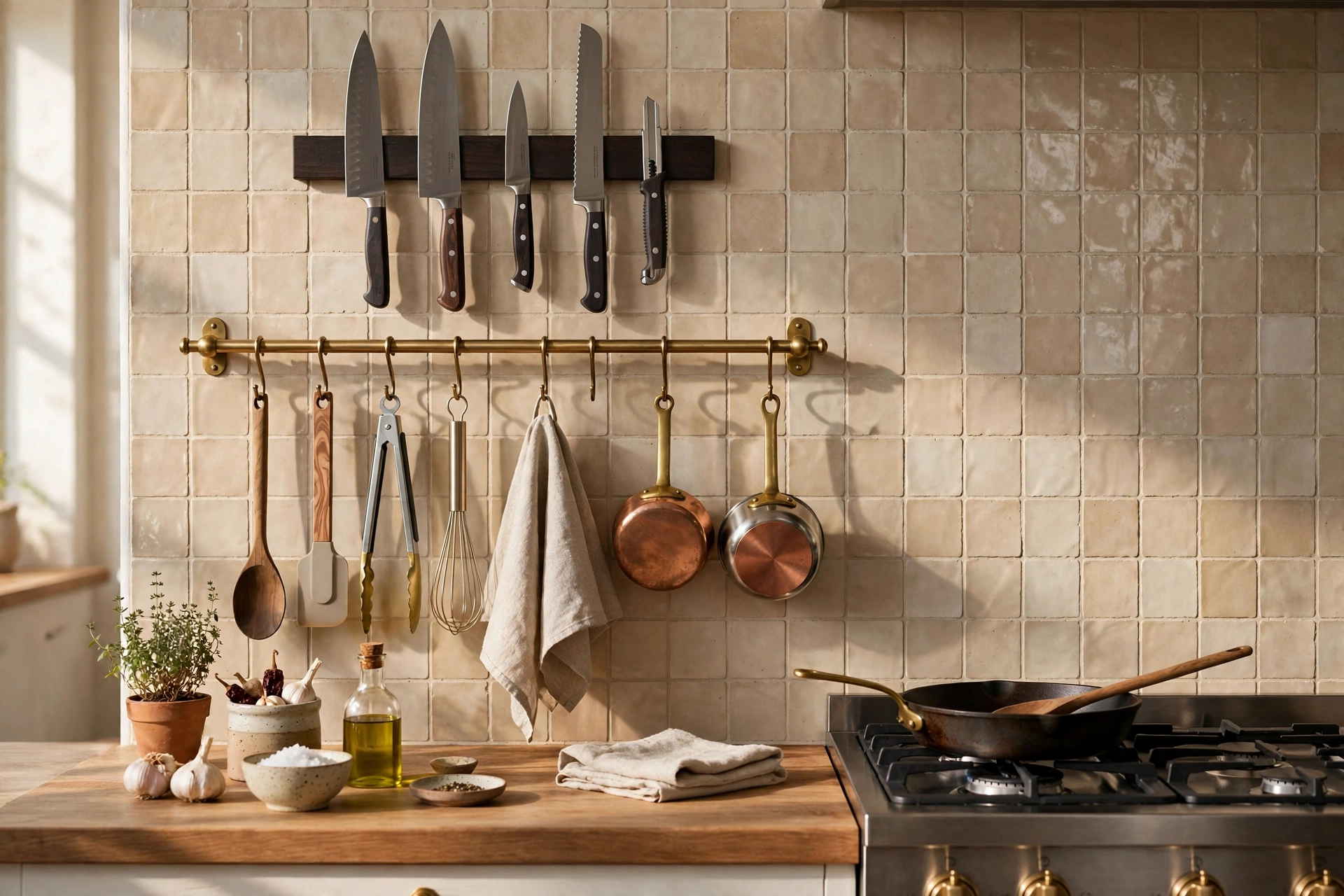 Small kitchen ideas — magnetic knife strip and brass rail with hanging utensils