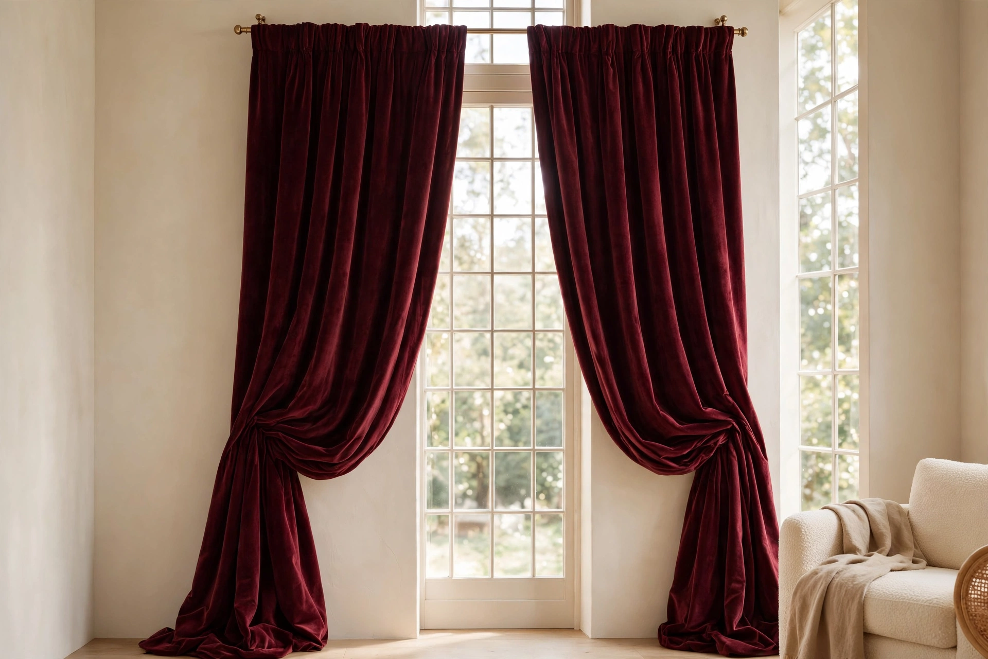 Burgundy decor ideas: floor-length burgundy velvet curtains framing a tall window