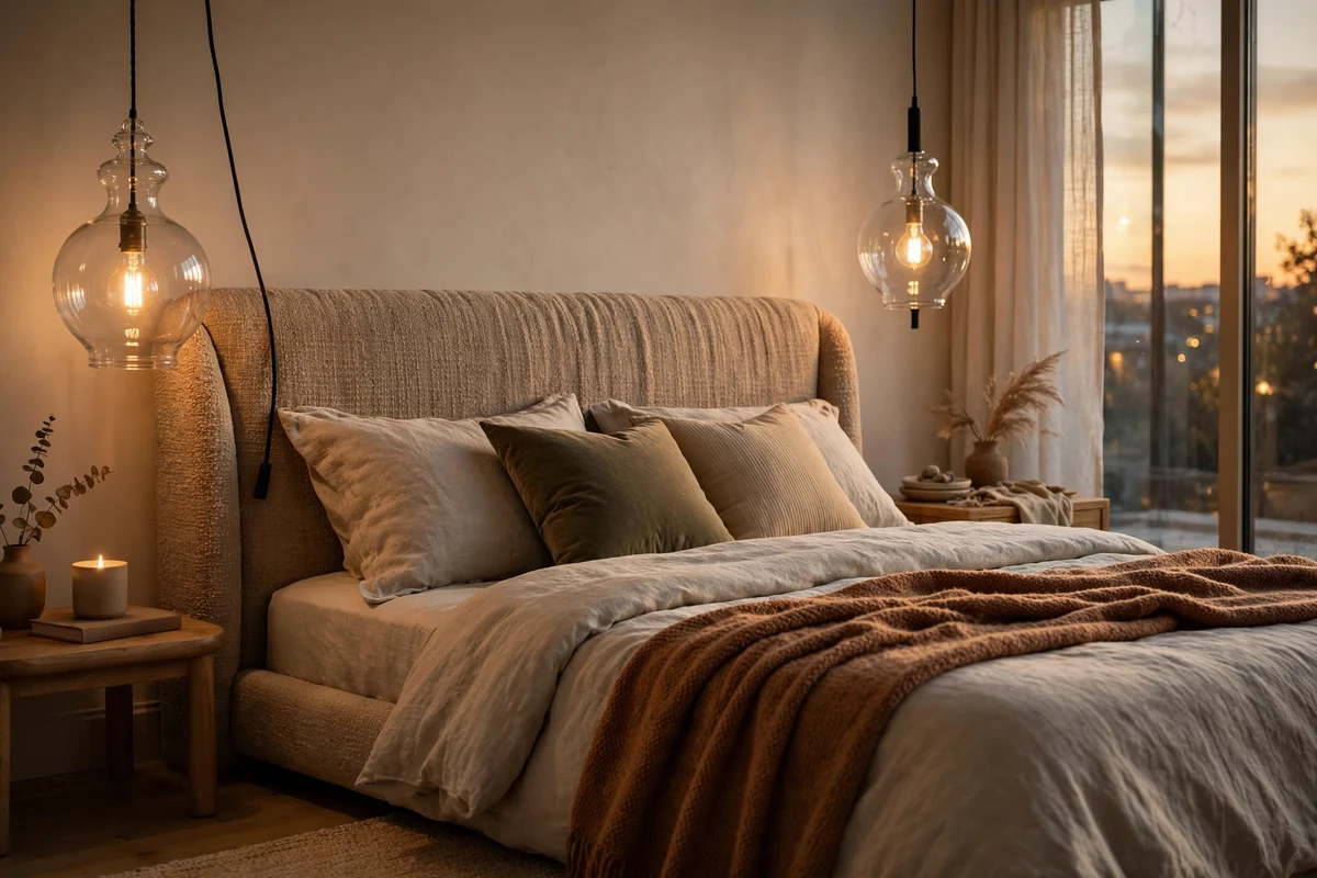 Warm pendant lights over nightstands, elegant bedroom lighting ideas