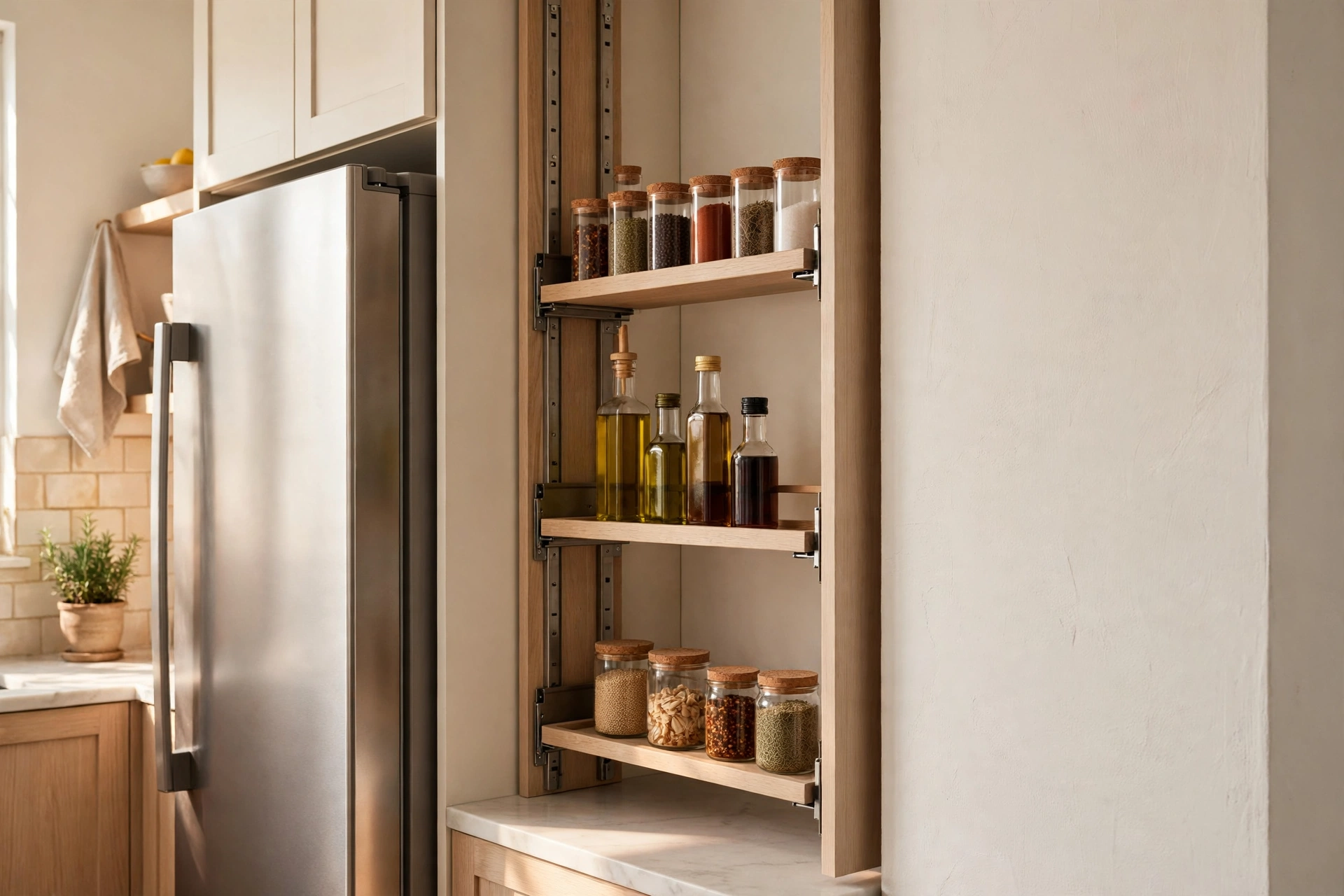 Small kitchen ideas — slim pull-out pantry fitting a narrow gap by the fridge
