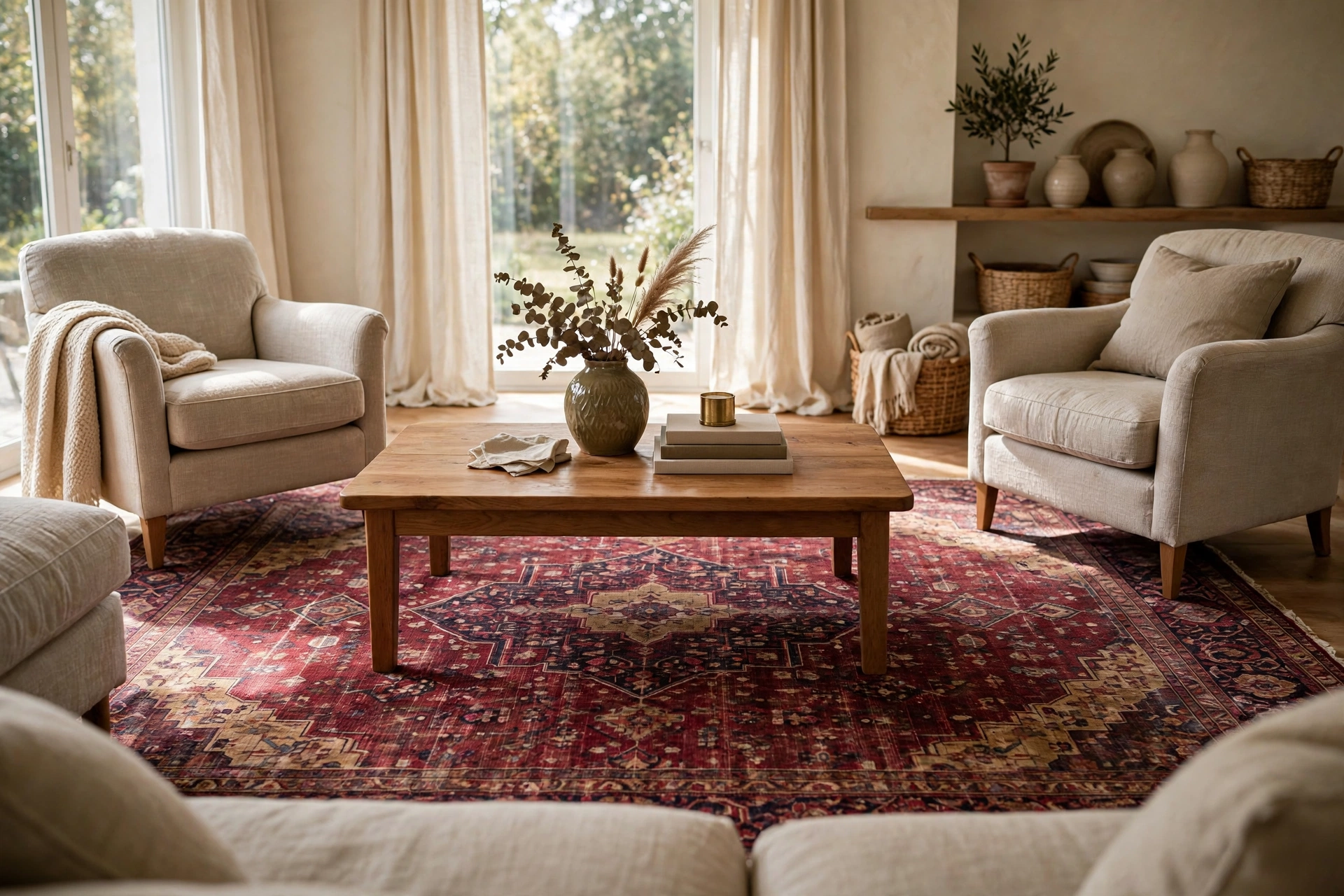 Burgundy decor ideas: living room with a vintage-style burgundy area rug under the coffee table