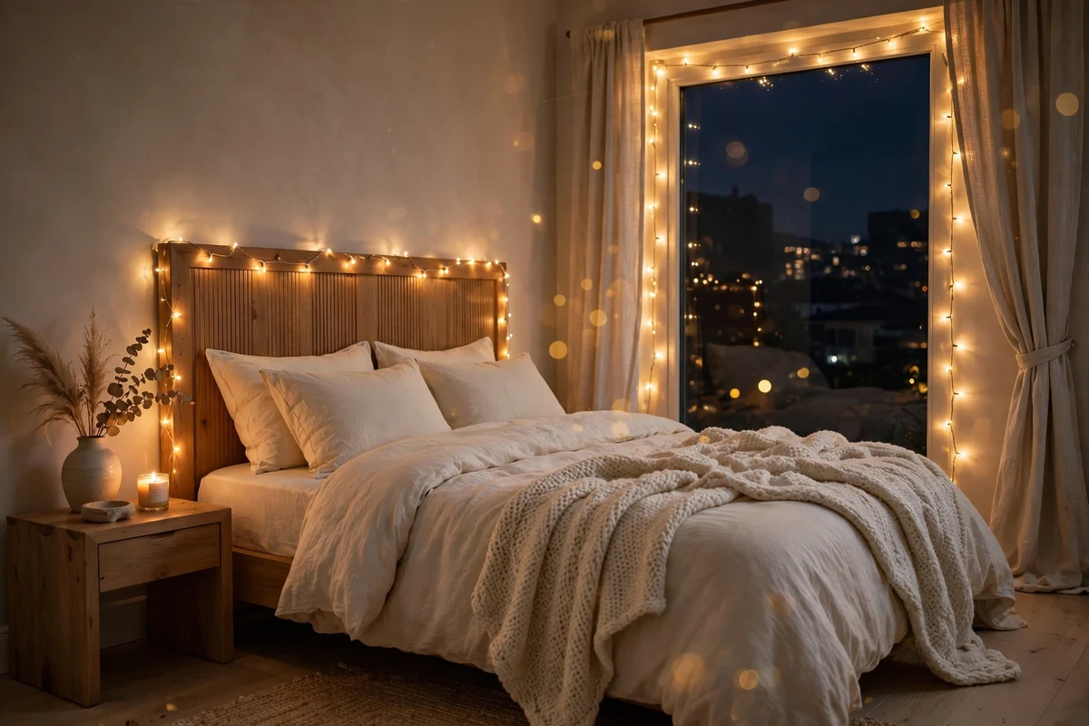 Fairy string lights on a headboard, renter-friendly bedroom lighting ideas