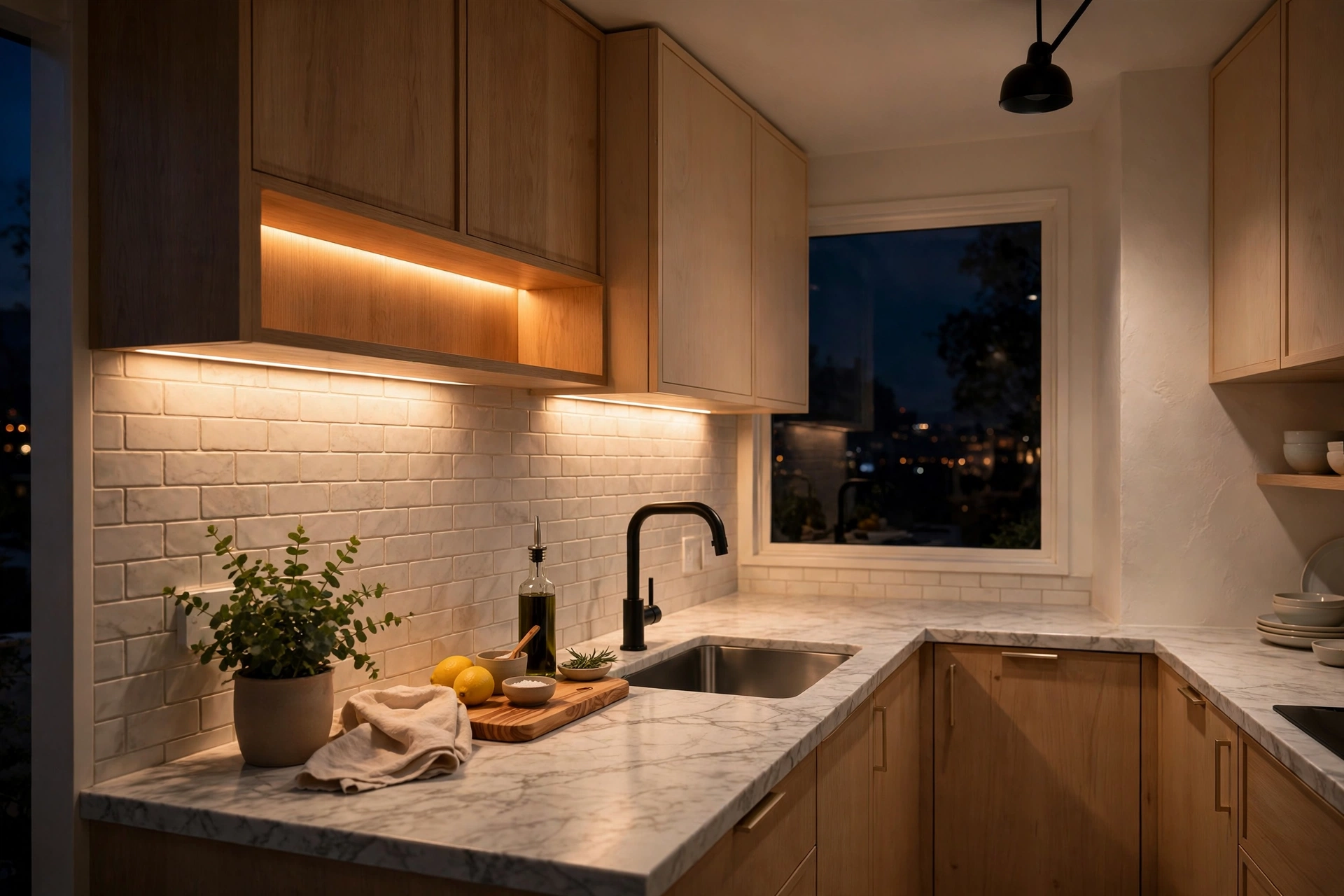 Small kitchen ideas — warm under-cabinet lighting making a small kitchen feel larger