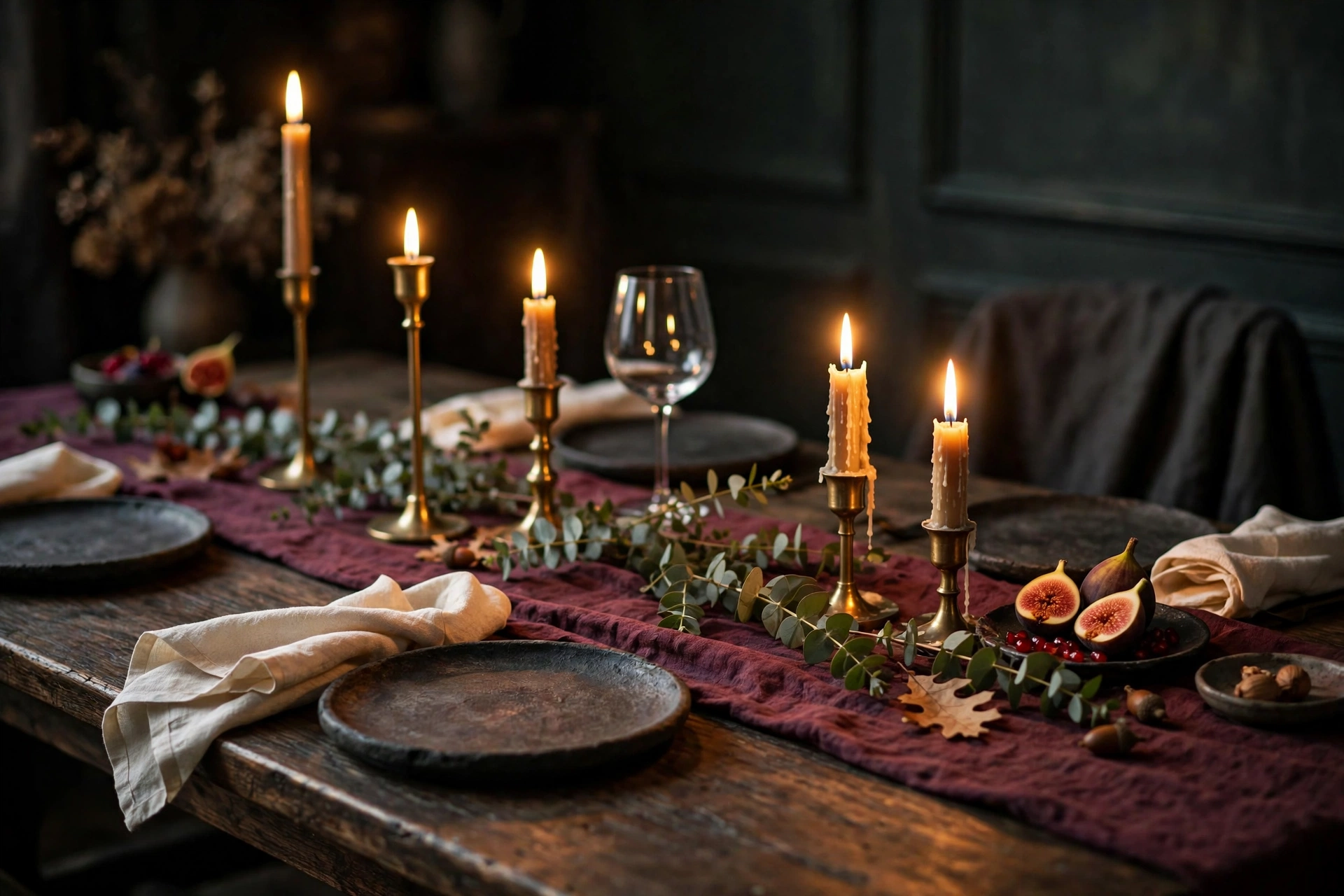 Burgundy decor ideas: moody fall dining table with a wine linen runner and tapered candles