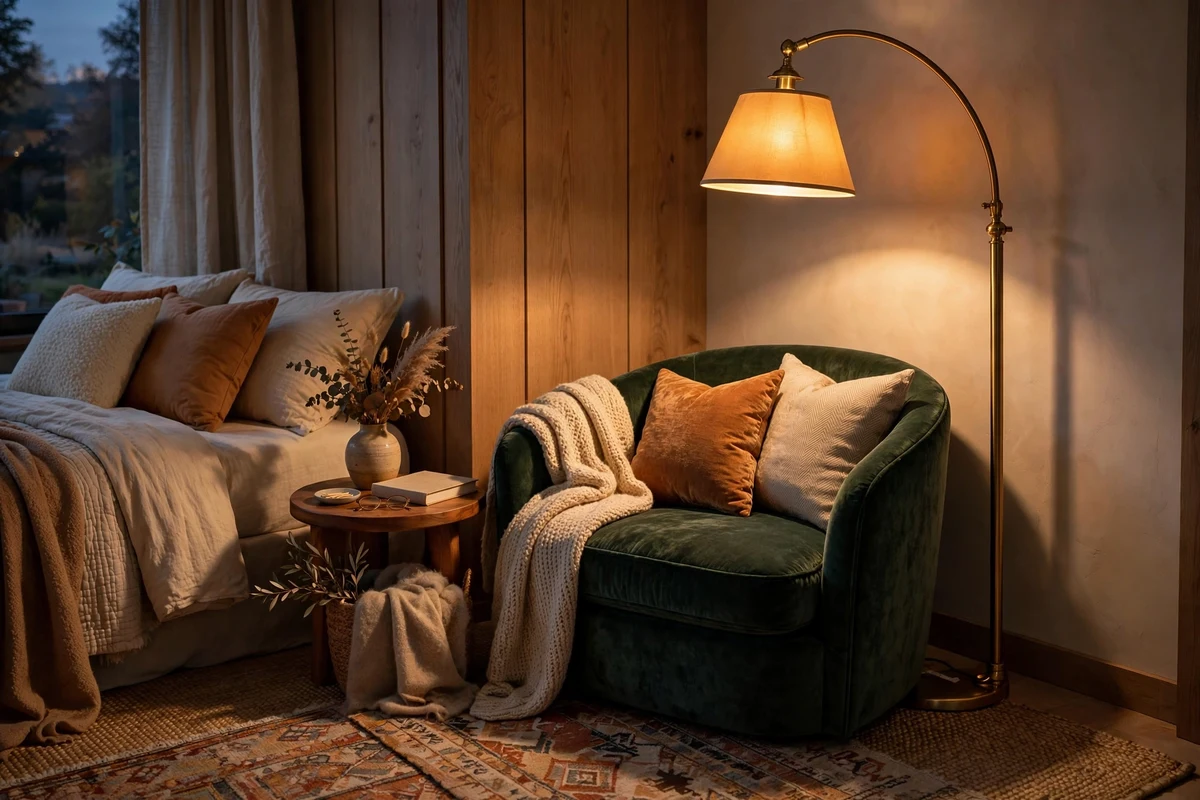 Floor lamp glowing in a dark corner, bedroom lighting ideas for small rooms