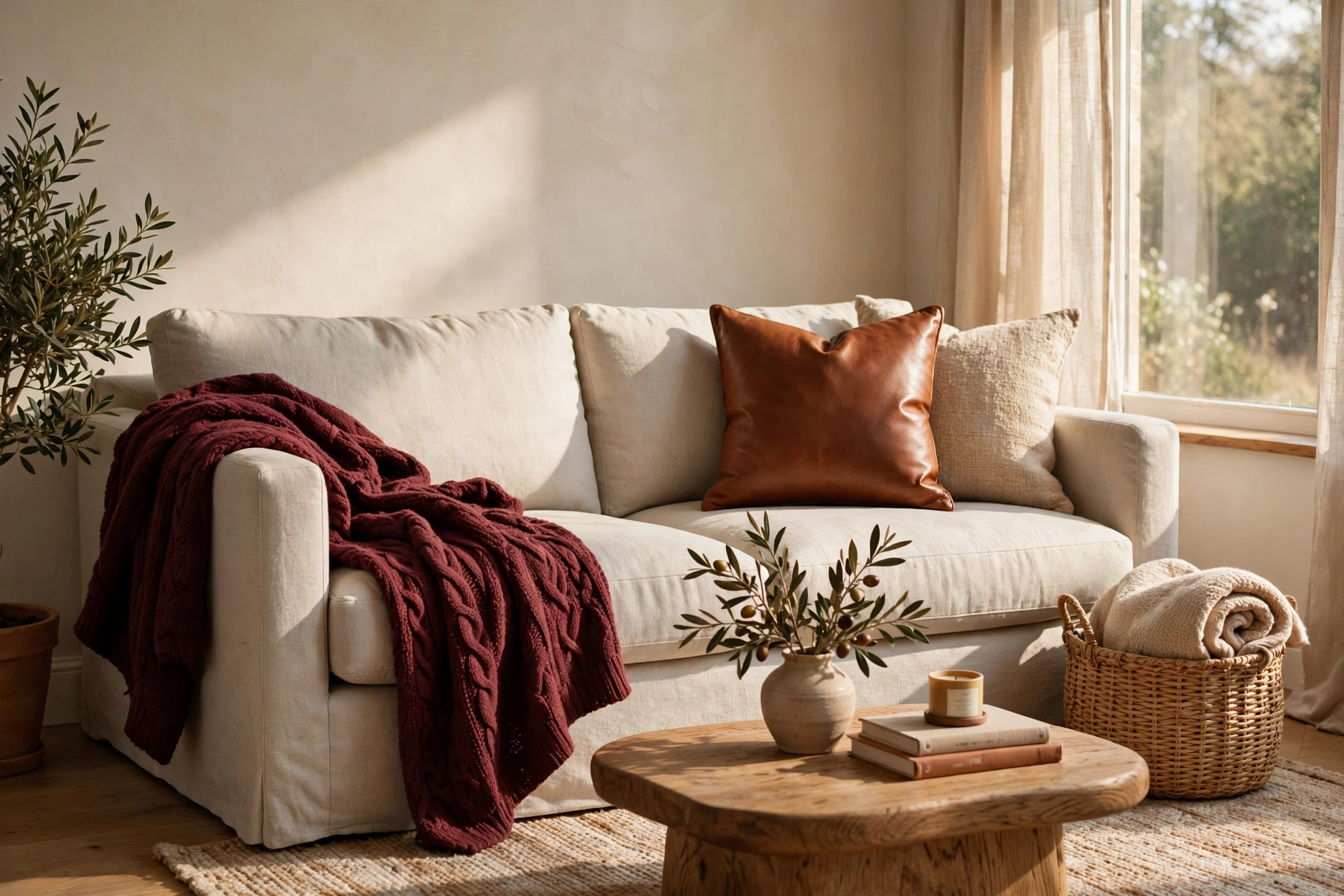 Burgundy decor ideas: chunky burgundy knit throw draped over a light oatmeal sofa