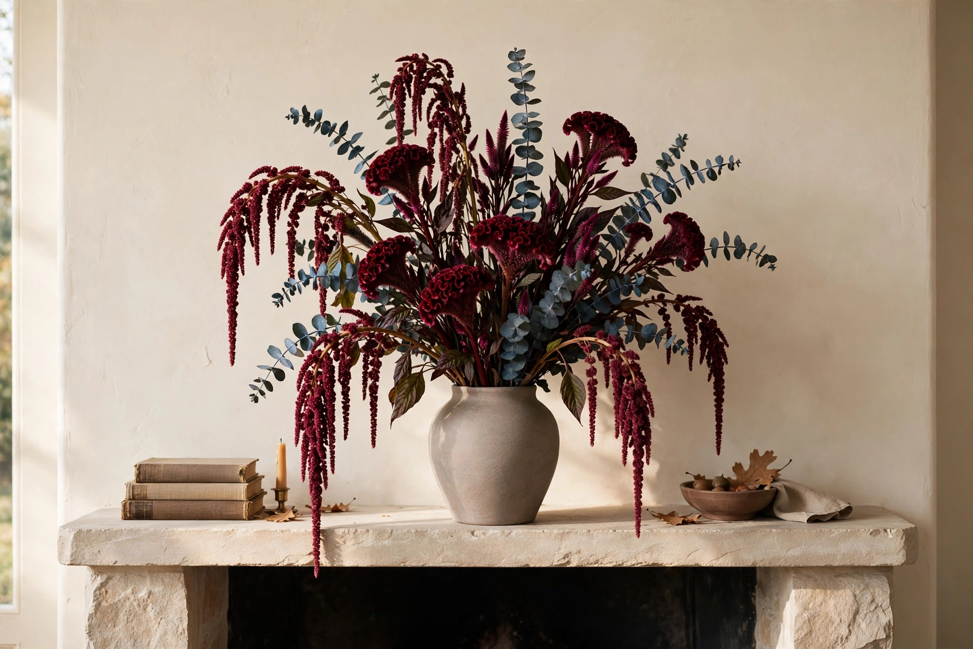 Burgundy decor ideas: dried burgundy stems in a matte stoneware vase on a mantel