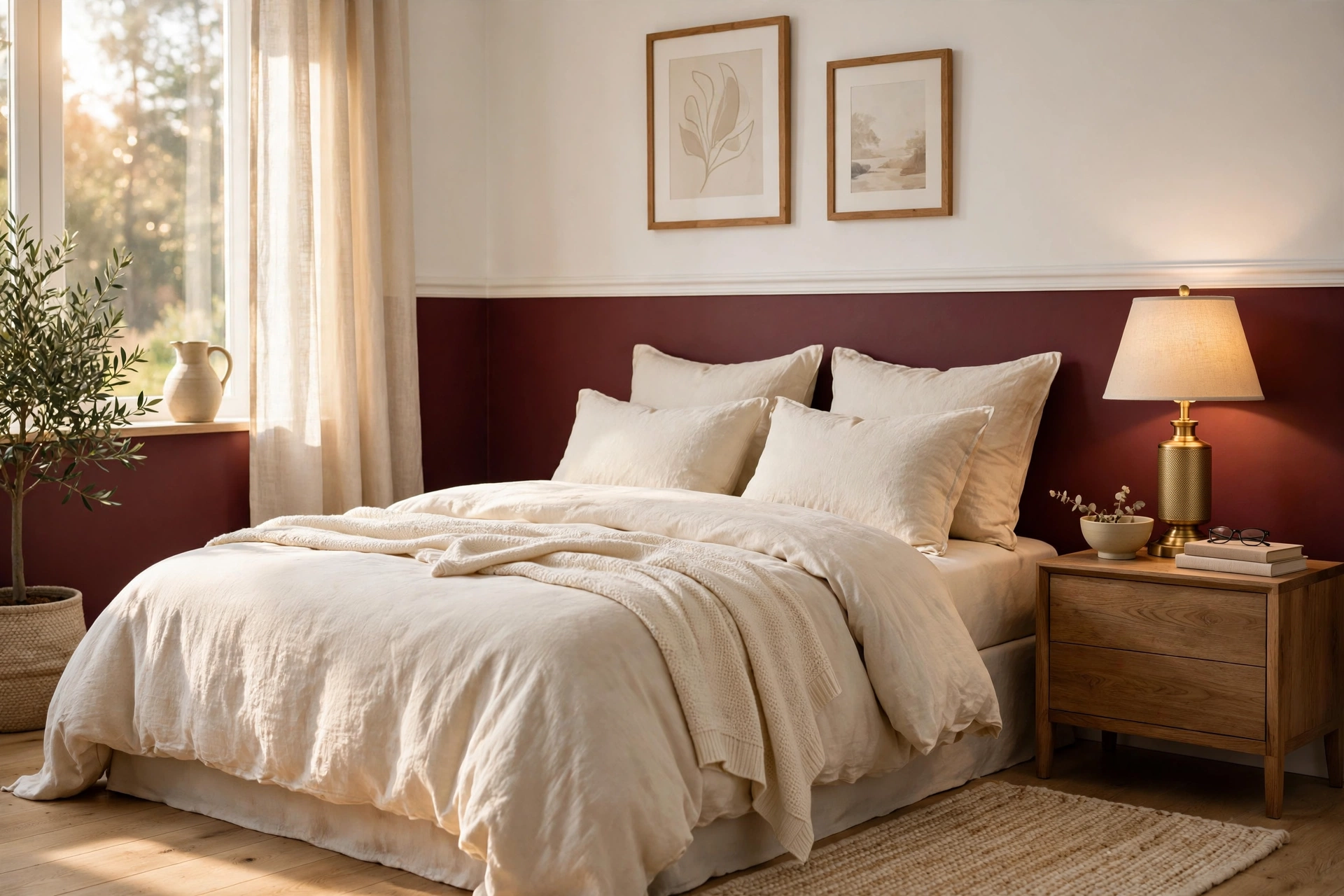 Burgundy decor ideas: bedroom with a half-wall burgundy accent behind the bed