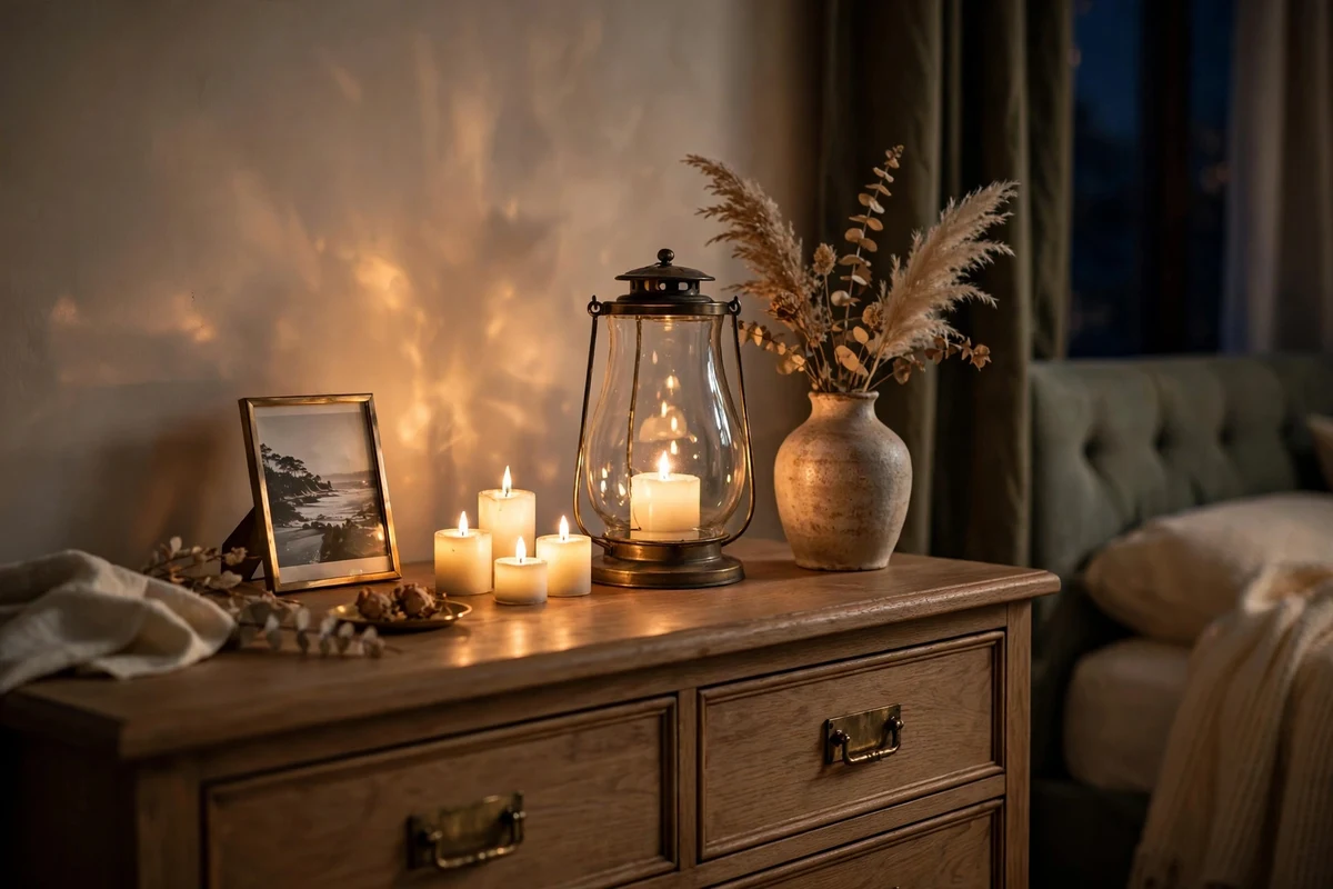 LED candles and lantern on dresser, safe bedroom lighting ideas