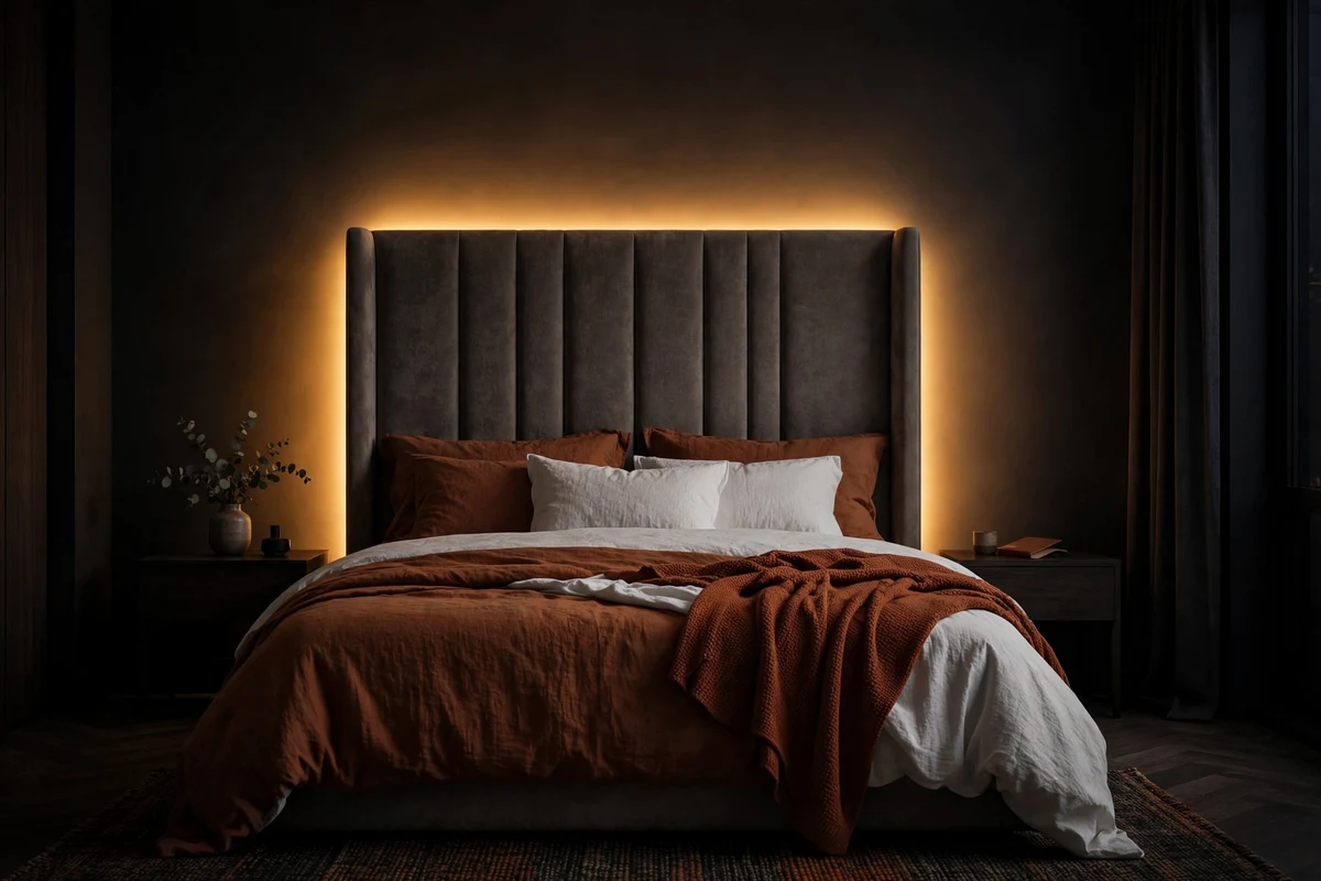 Headboard backlit with warm LED halo, modern bedroom lighting ideas