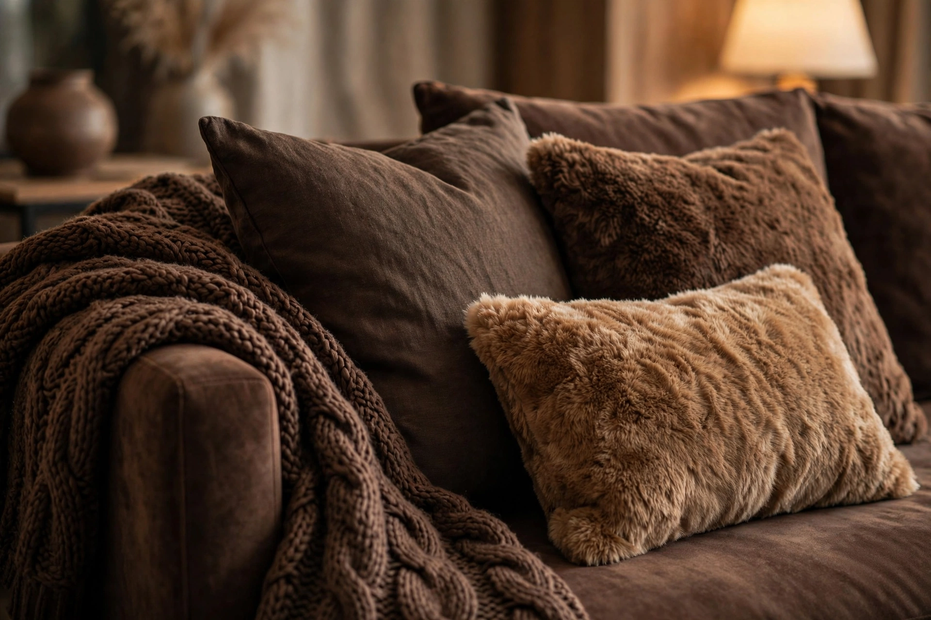 Chocolate brown living room ideas: layered chocolate throws and pillows on a sofa