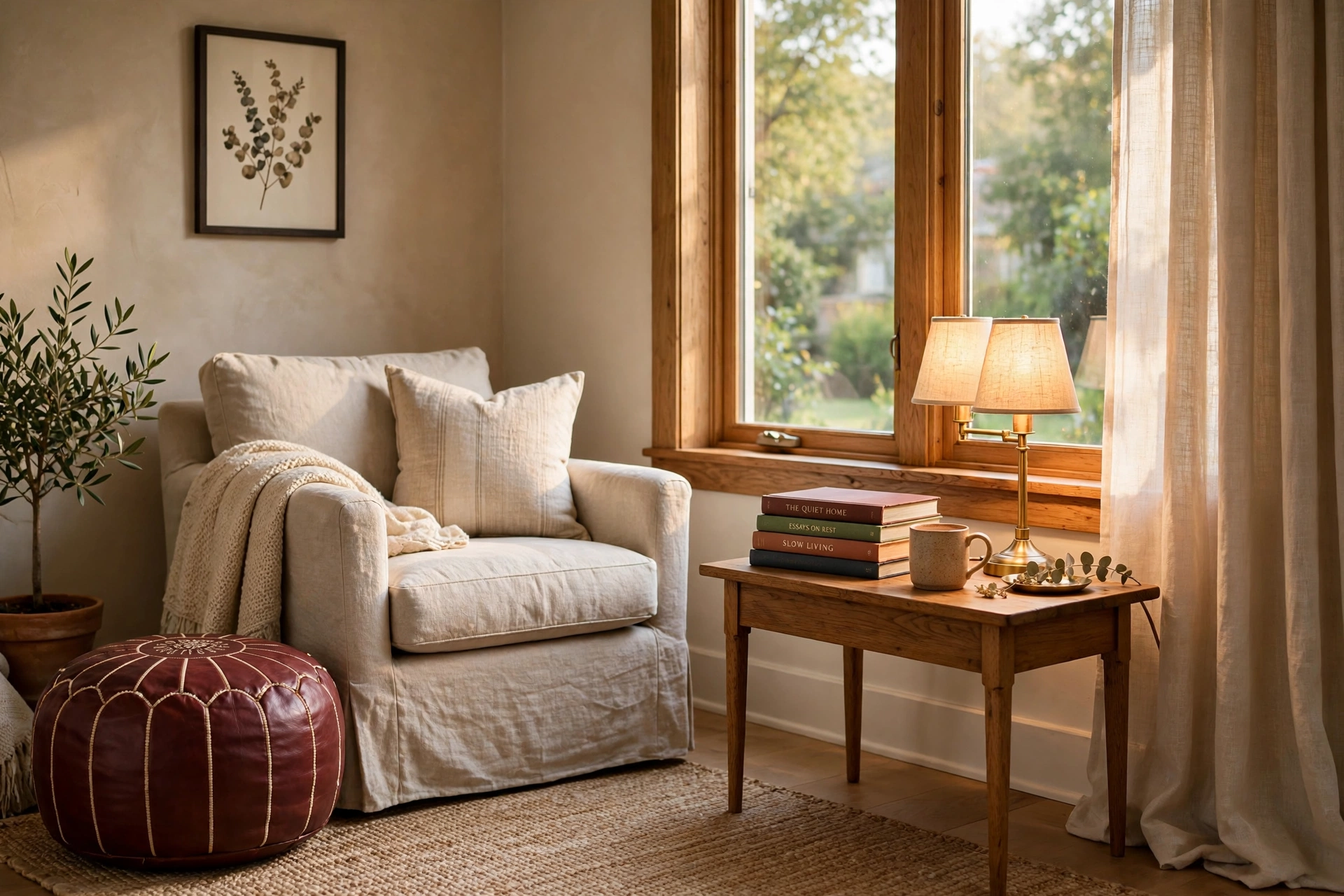 Burgundy decor ideas: oxblood leather pouf beside a reading chair in a cozy corner