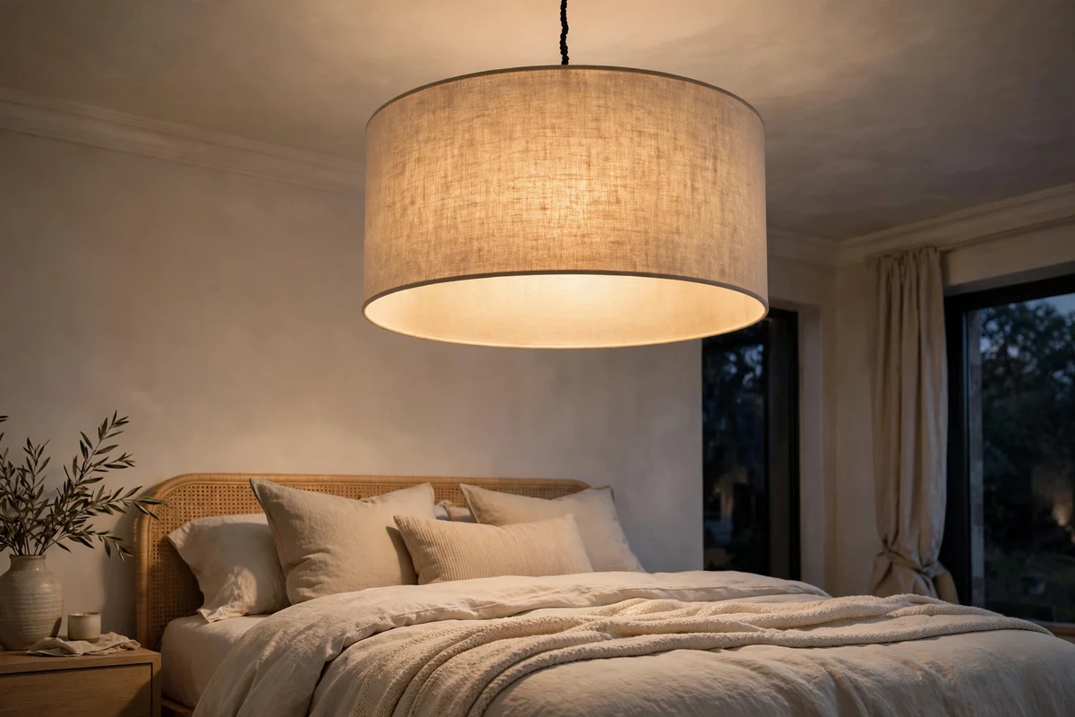 Fabric drum shade glowing over a bed, calm bedroom lighting ideas