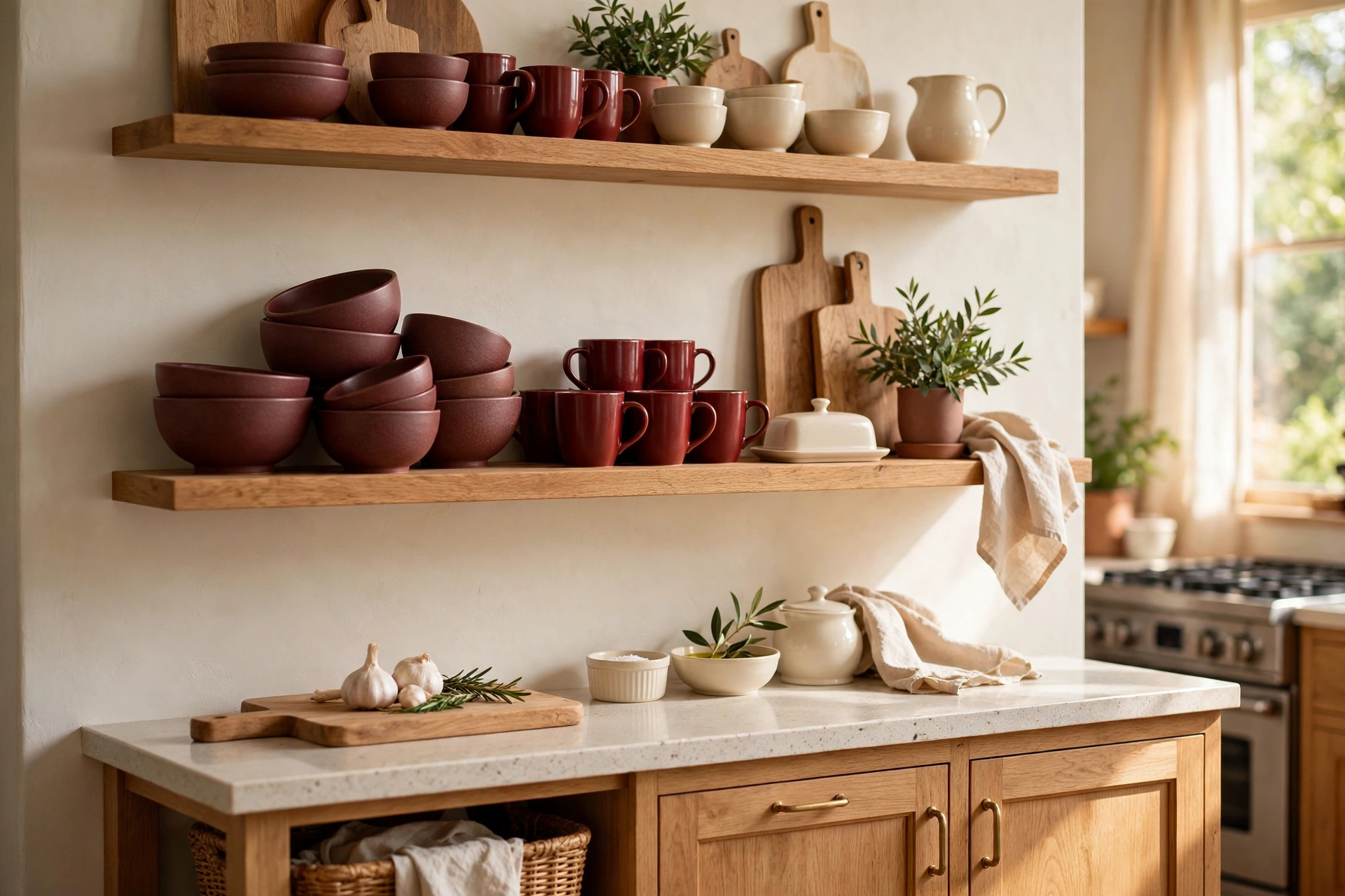 Burgundy decor ideas: open kitchen shelves styled with matte burgundy stoneware bowls