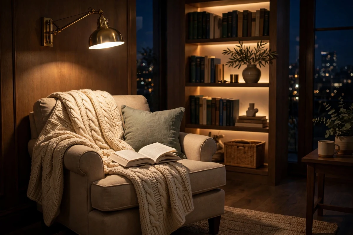 Swing-arm lamp over a reading chair, bedroom lighting ideas for a nook