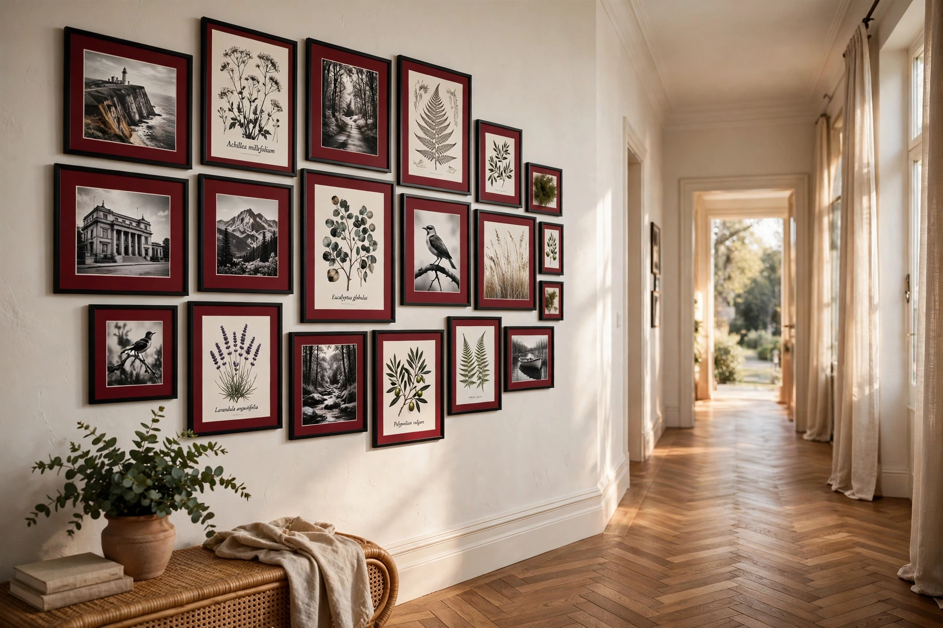 Burgundy decor ideas: hallway gallery wall with black-and-white art in burgundy mats