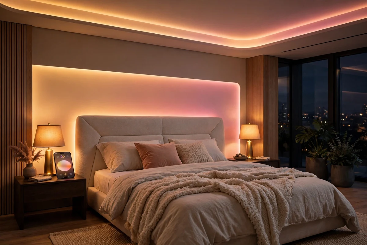 Smart bulbs casting warm gradient light, automated bedroom lighting ideas