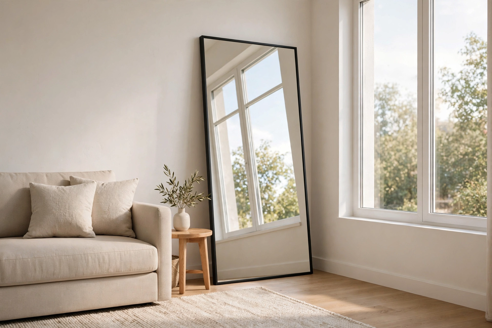 Small living room ideas with an oversized leaning mirror reflecting window light in a compact apartment