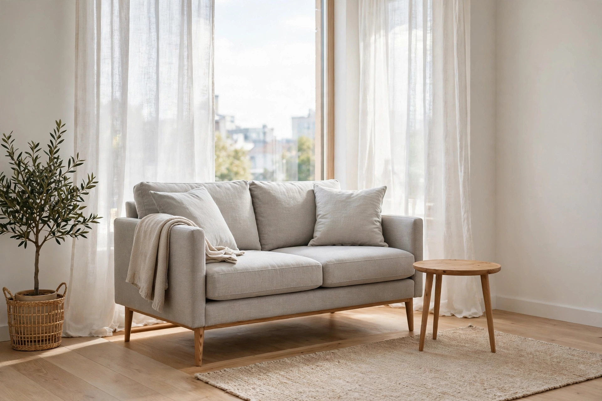 Small living room ideas: compact sofa with slim tapered legs showing open floor space beneath