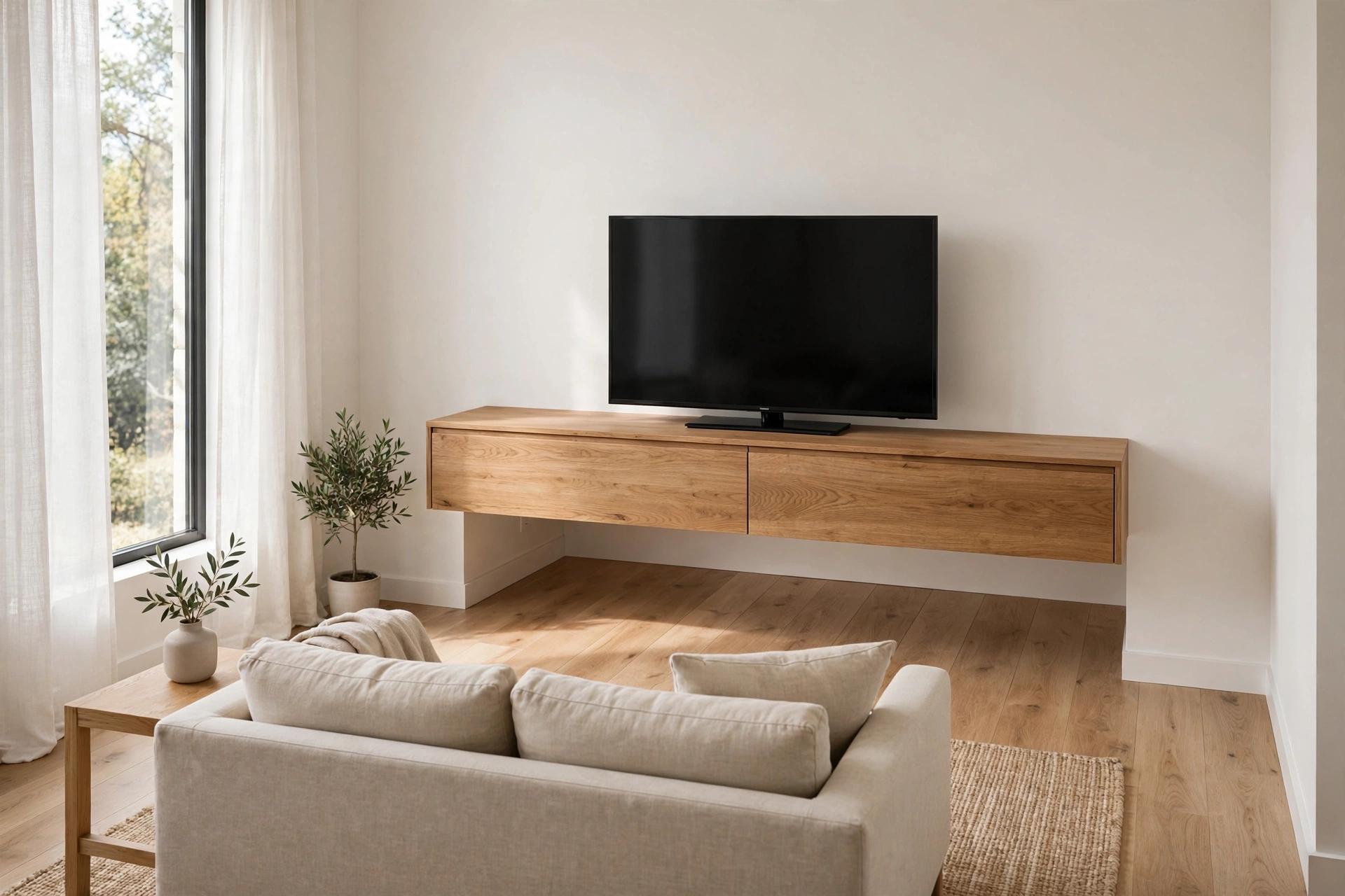 Small living room ideas: wall-mounted floating media console with clear floor space underneath in a compact room