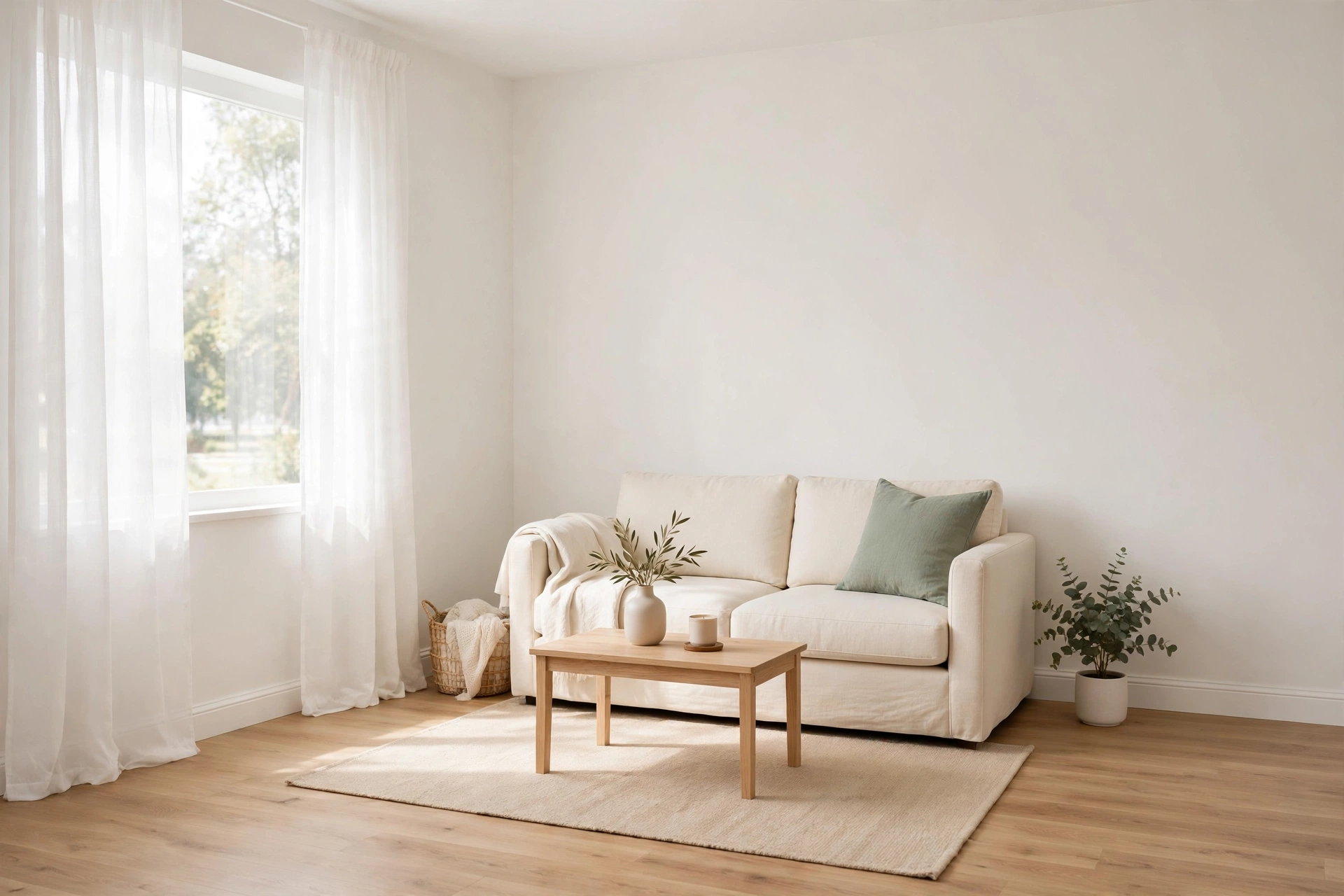 Small living room ideas: compact living room painted in warm white on walls, trim, and ceiling for a seamless look