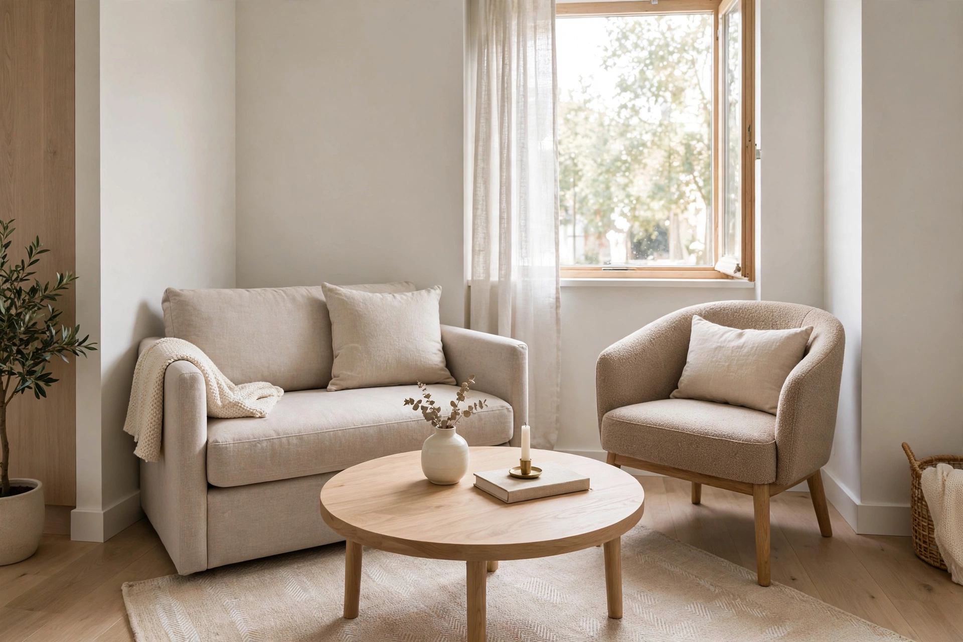 Small living room ideas: round coffee table improving flow in a tight apartment seating area
