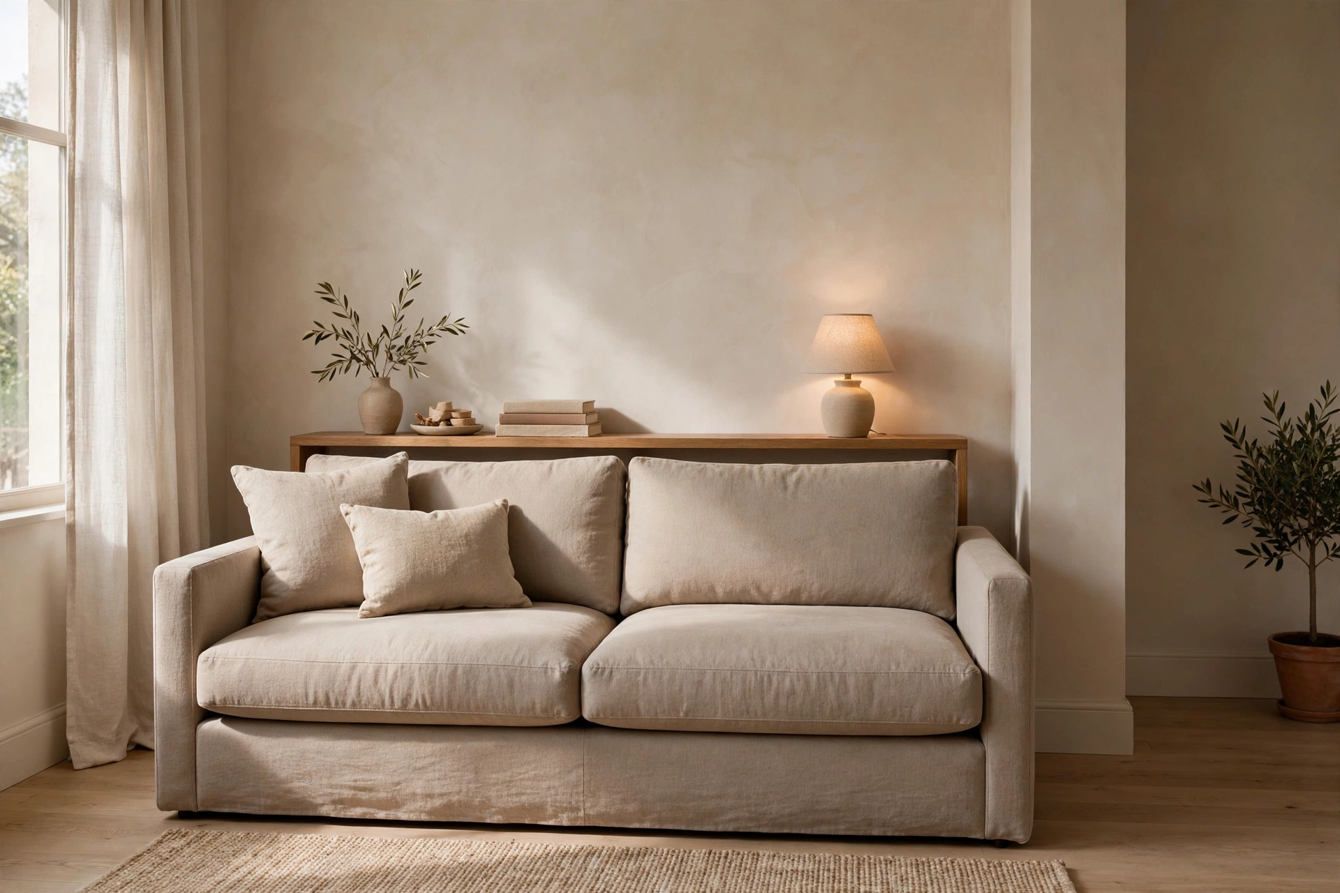 Small living room ideas: sofa floated slightly off the wall creating depth in a compact living room
