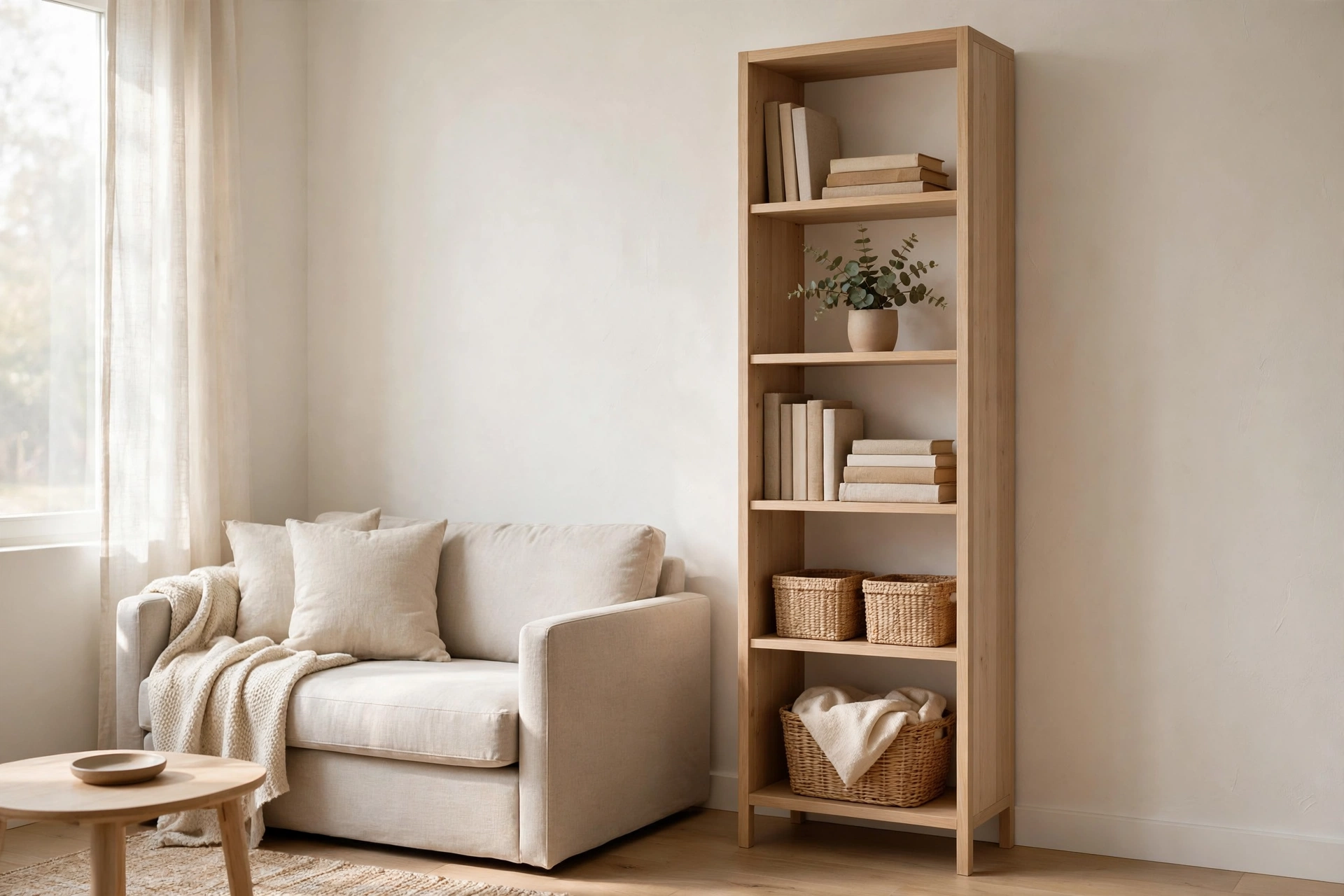 Small living room ideas: tall narrow bookcase reaching the ceiling maximizing vertical storage in a small room