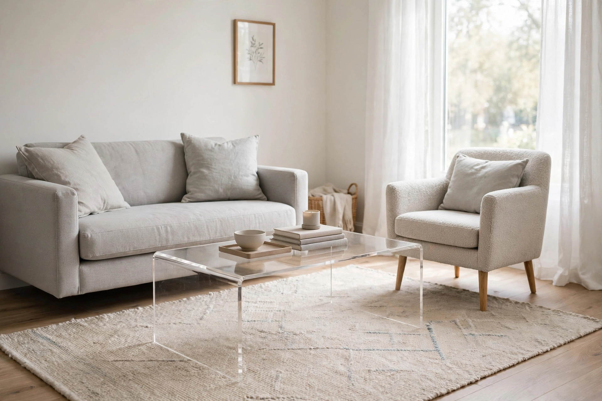 Small living room ideas: clear acrylic coffee table visually disappearing in a compact living room