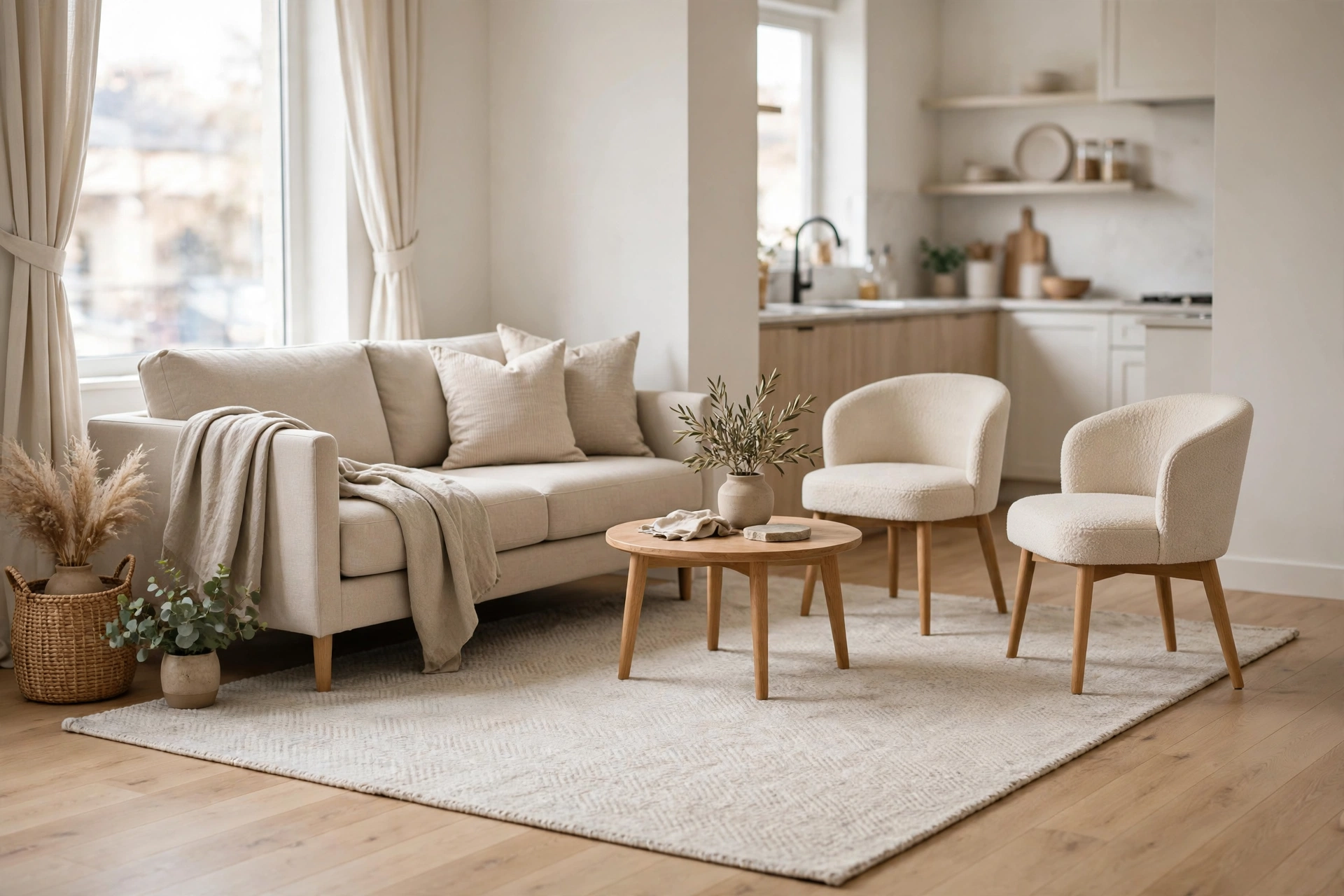 Small living room ideas: large area rug zoning the seating area in a small open-plan living room