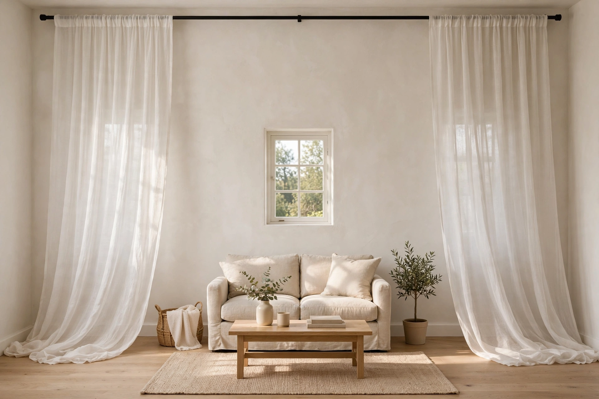 Small living room ideas: floor-to-ceiling curtains hung high and wide making a small window look larger