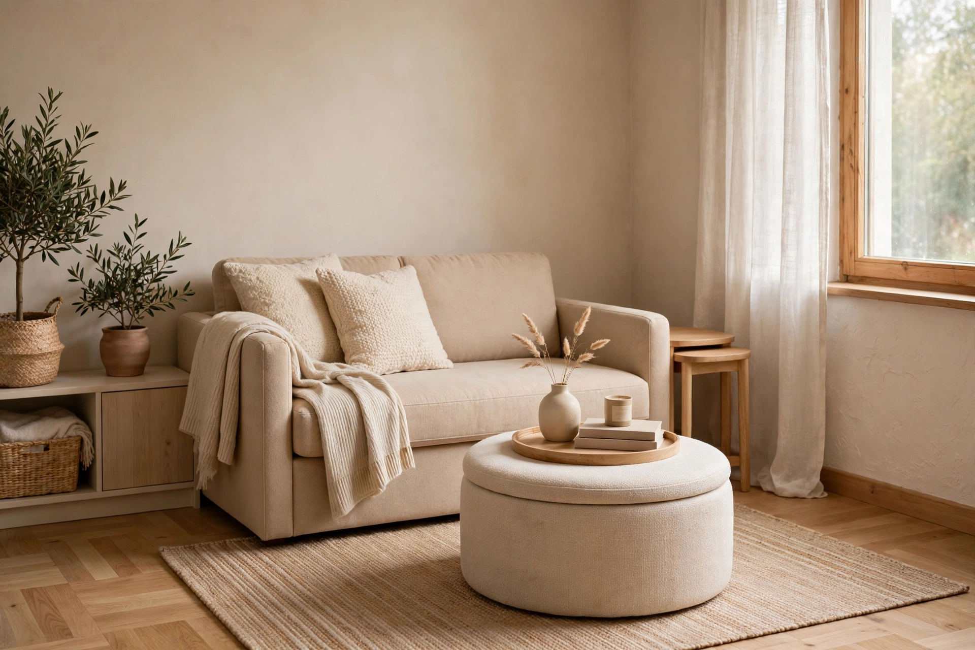 Small living room ideas: storage ottoman and nesting tables doing double duty in a compact living room