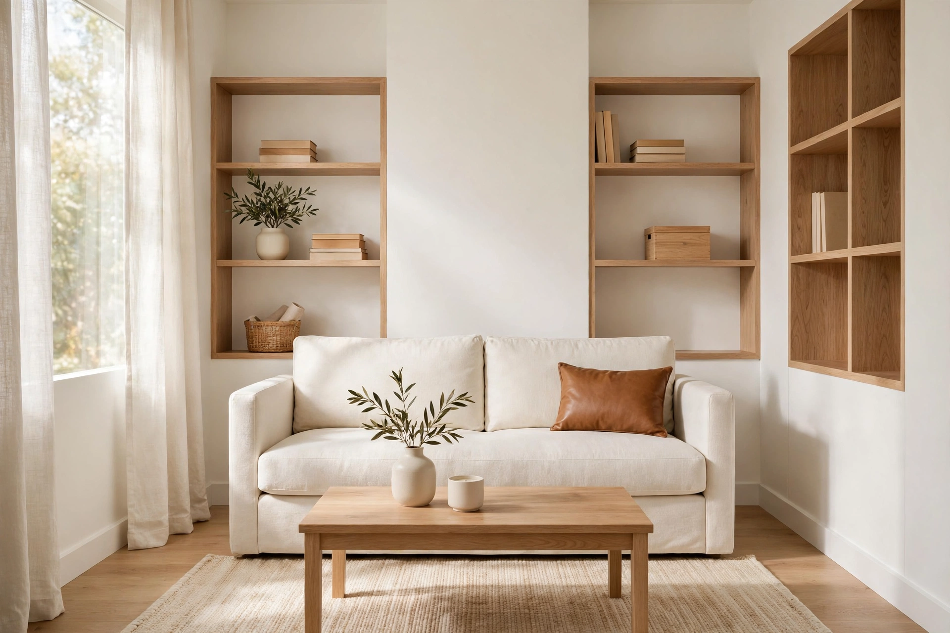 Small living room ideas: cohesive two-color palette in cream and warm wood making a small living room feel calm