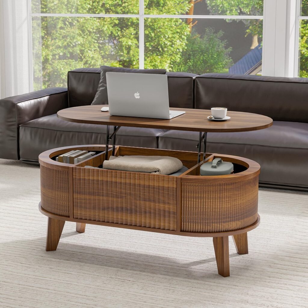LYNCOHOME fluted lift-top coffee table with raised tabletop for working from the sofa